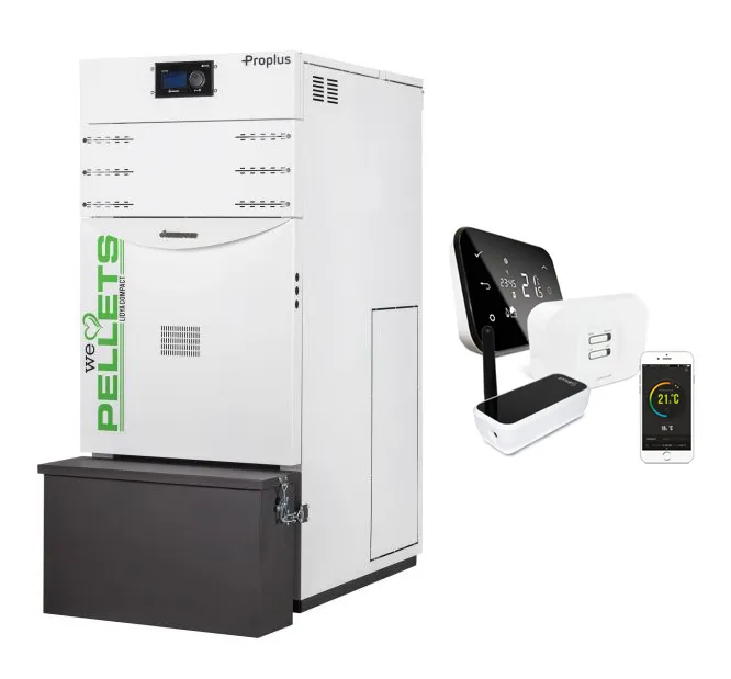 Pachet control de la distanta Centrala termica automata pe peleti Fornello Lidya Compact Proplus 25 kw, pompa  Grundfos, vas, manometru, supapa, arzator inox, curatare automata arzator / schimbator si termostat Wi-Fi Salus IT 500