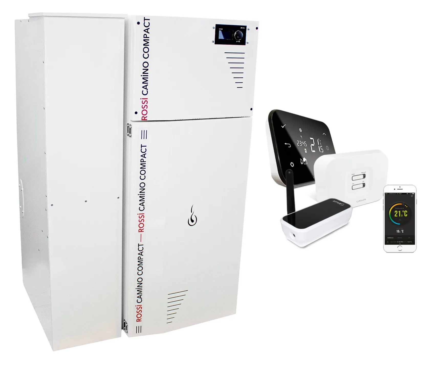 Pachet control de la distanta Centrala termica compacta pe peleti Fornello Rossi Camino Compact 35 kw, pompa, vas expansiune, tiraj fortat, cu rezervor 153 l, arzator inox si termostat Wi-Fi Salus IT 500