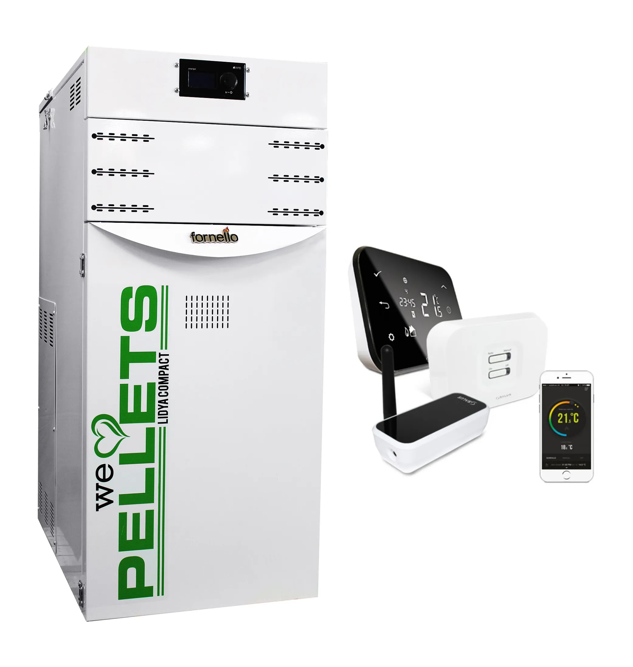 Pachet control de la distanta Centrala termica pe peleti Fornello Lidya Compact 25 kw, curatare mencanica arzator si drumuri de fum echipata cu pompa electronica Grundfos, arzator inox si termostat Wi-Fi Salus IT 500