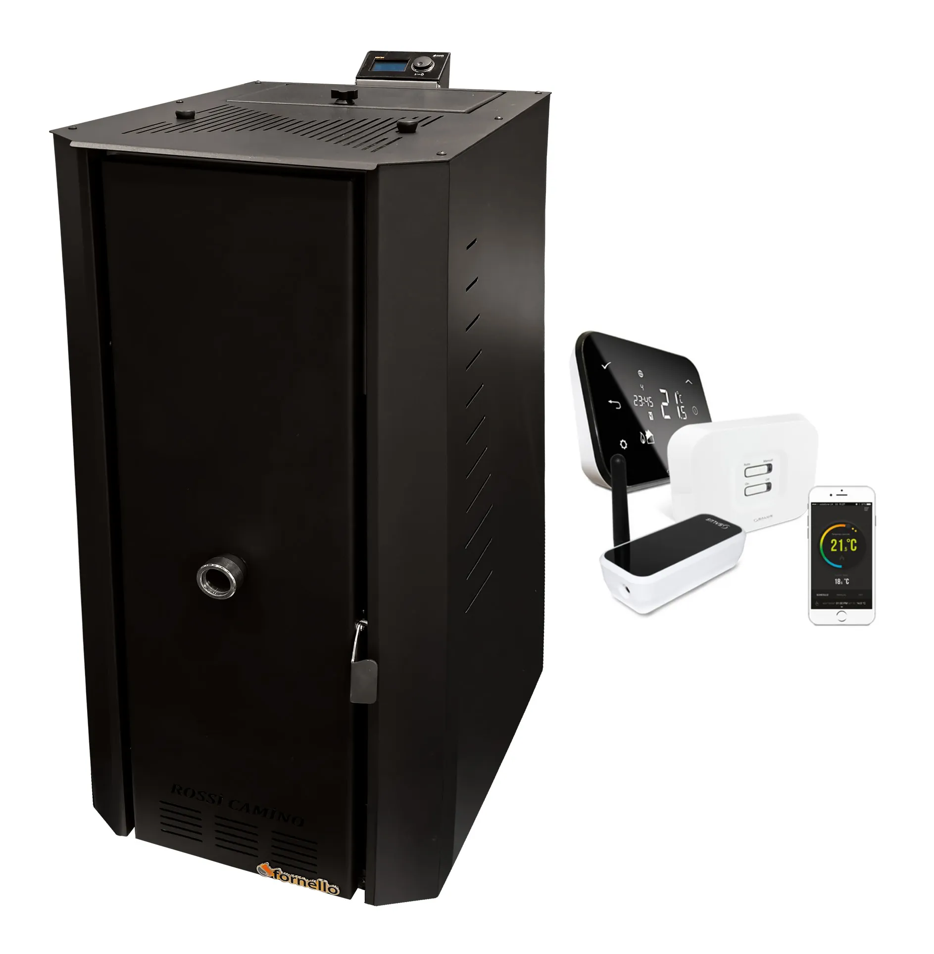 Pachet control de la distanta Centrala termica pe peleti Fornello Rossi B Black 25 kw, pompa de circulatie, vas expansiune, tiraj fortat, curatare facila a drumurilor de fum, Ecodesign, A+ si termostat Salus IT500