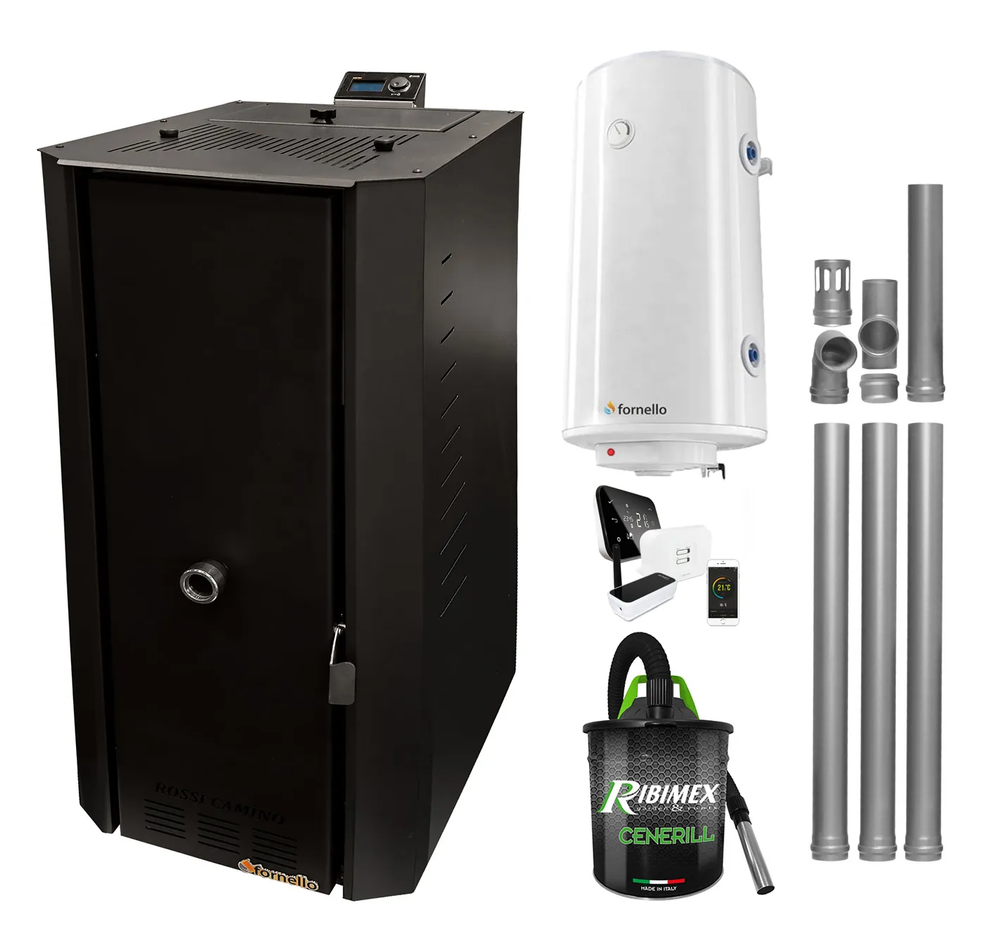 Pachet control de la distanta Centrala termica pe peleti Fornello Rossi B Black 25 kw, pompa de circulatie, vas expansiune, tiraj fortat, Ecodesign, A+, Boiler Termoelectric Fornello 100 l, Termostat Salus IT500, Aspirator si Kit evacuare 3.5 ml