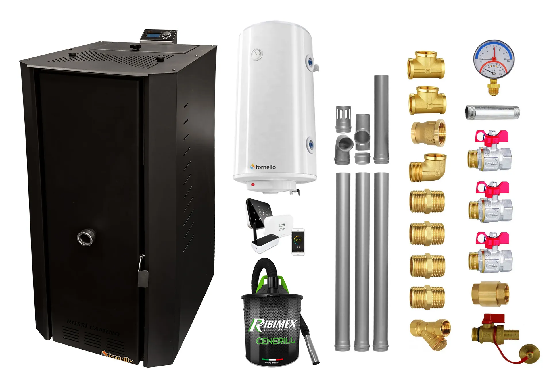 Pachet control de la distanta Centrala termica pe peleti Fornello Rossi B Black 25 kw, pompa, vas expansiune, tiraj fortat, Ecodesign, A+, Boiler Termoelectric Fornello 100 l, Termostat Salus IT500, Aspirator, Kit evacuare 3.5 ml si Fitinguri montaj