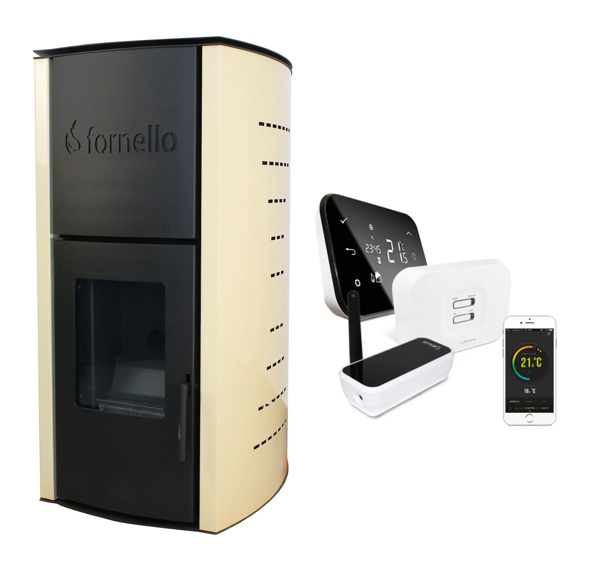 Pachet control de la distanta Termosemineu  centrala peleti Fornello Michelle 12 KW, complet echipat pentru incalzire, pompa, vas expansiune, automatizare, telecomanda, buncar  tiraj fortat, aprindere automata si termostat Wi-Fi Salus IT 500