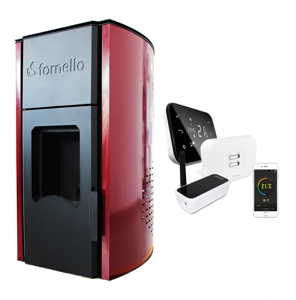 Pachet control de la distanta Termosemineu  centrala peleti Fornello Royal Bordeaux 25 kw, complet echipat pentru   incalzire, pompa, vas  expansiune, automatizare, telecomanda, buncar peleti tiraj fortat si termostat Wi-Fi Salus IT 500