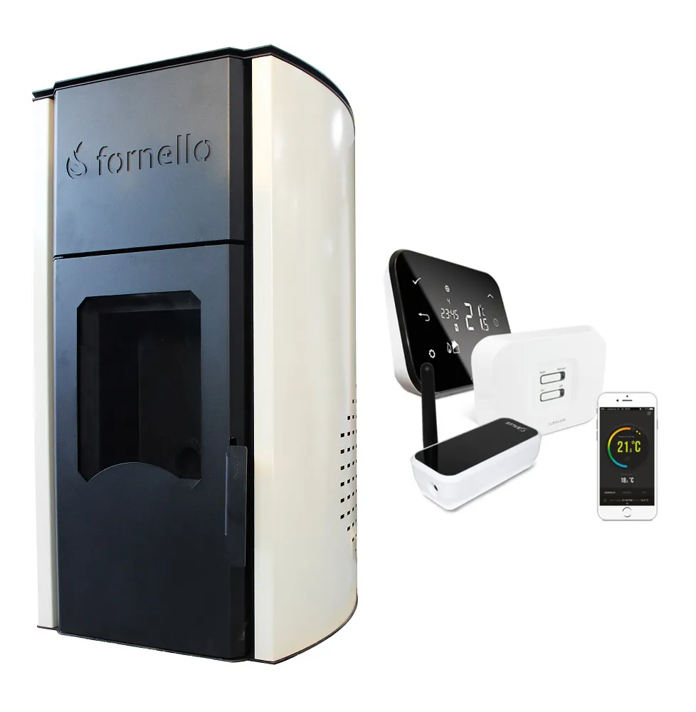 Pachet control de la distanta Termosemineu  centrala peleti Fornello Royal Ivory 25 kw, complet echipat pentru   incalzire, pompa, vas  expansiune, automatizare, telecomanda, buncar peleti tiraj fortat si termostat Wi-Fi Salus IT 500