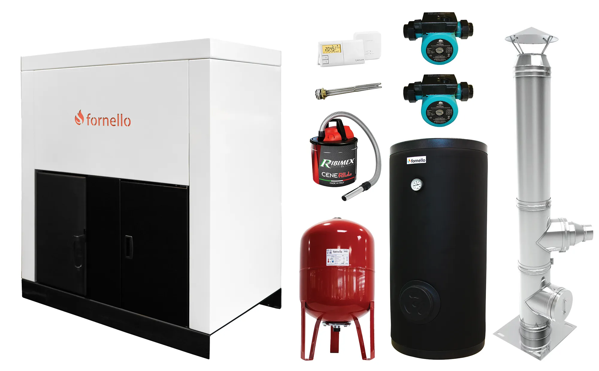 Pachet format din Centrala pe peleti Fornello Eco Energy 35 kW, Pompe circulare, Vas Expansiune, Boiler termoelectric de sol, Cos inox, Termostat ambient si Aspirator cenusa