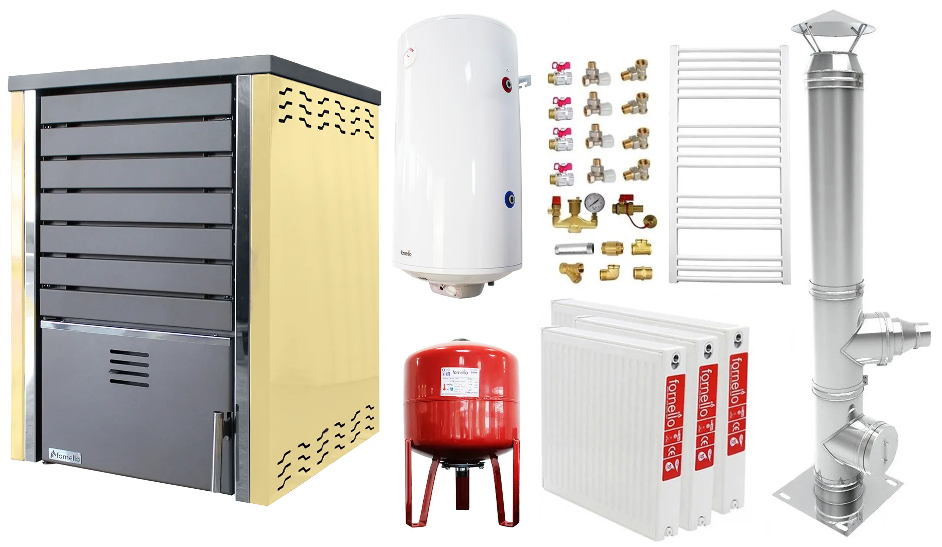 Pachet incalzire si apa calda 2 camere Centrala pe lemne FORNELLO SAUNA CREAM 30 kw echipata cu pompa de circulare, cos inox, boiler termoelectric 100l, vas expansiune, kit montaj si calorifere