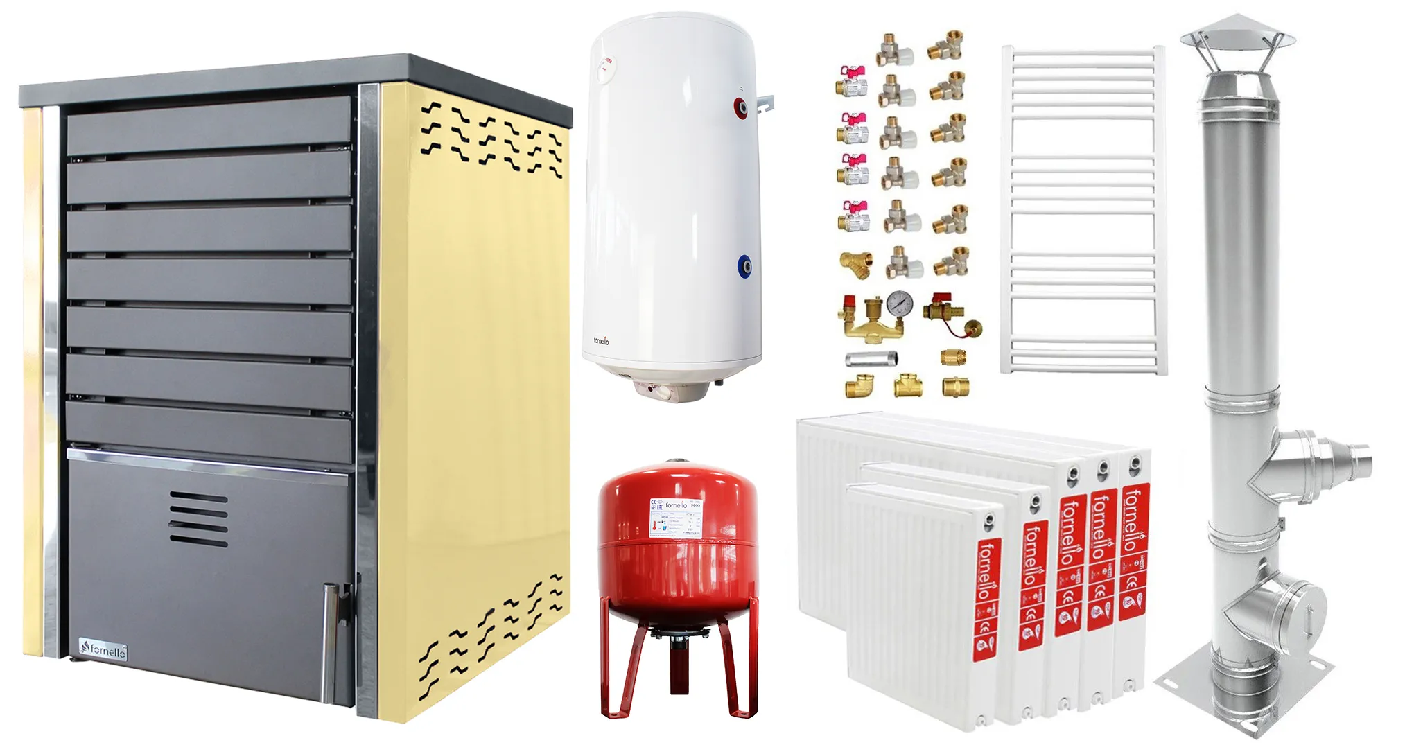 Pachet incalzire si apa calda 4 camere Centrala pe lemne FORNELLO SAUNA CREAM 30 kw echipata cu pompa de circulare, cos inox, boiler termoelectric 100l, vas expansiune, kit montaj si calorifere