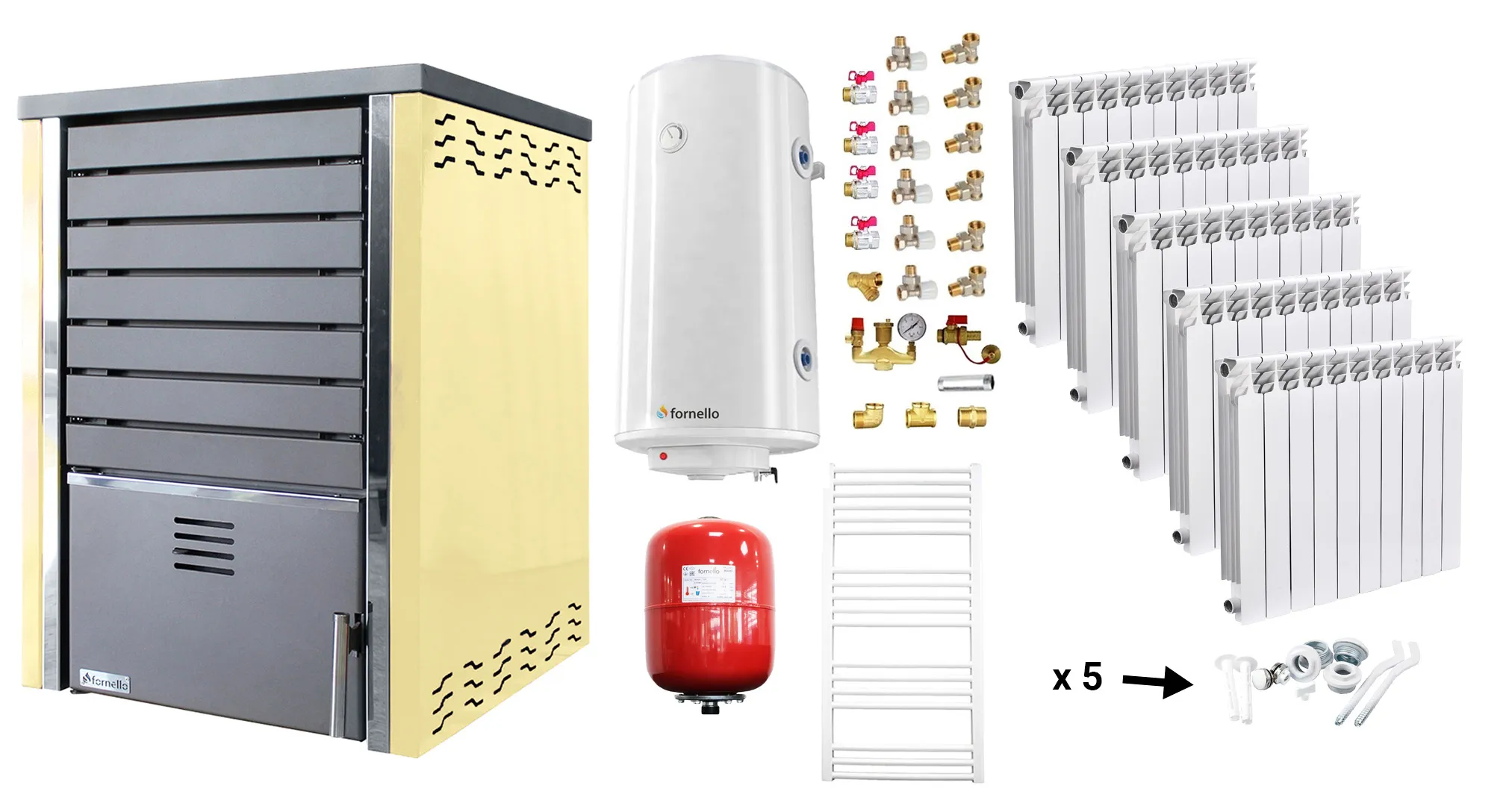 Pachet incalzire si apa calda Centrala pe lemne FORNELLO SAUNA CREAM 30 kw echipata cu pompa de circulare, calorifere aluminiu Fornello Alvo, boiler termoelectric 100l, vas expansiune si kit montaj