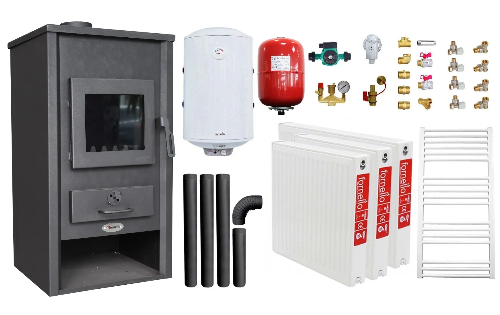 Pachet incalzire si apa calda pentru 2 camere Termosemineu pe lemne, brichete si carbune Fornello B2E, 14 kW, 46x45x91 cm, boiler termoelectric 80l, vas expansiune, pompa circulatie, kit evacuare, calorifere si kit montaj