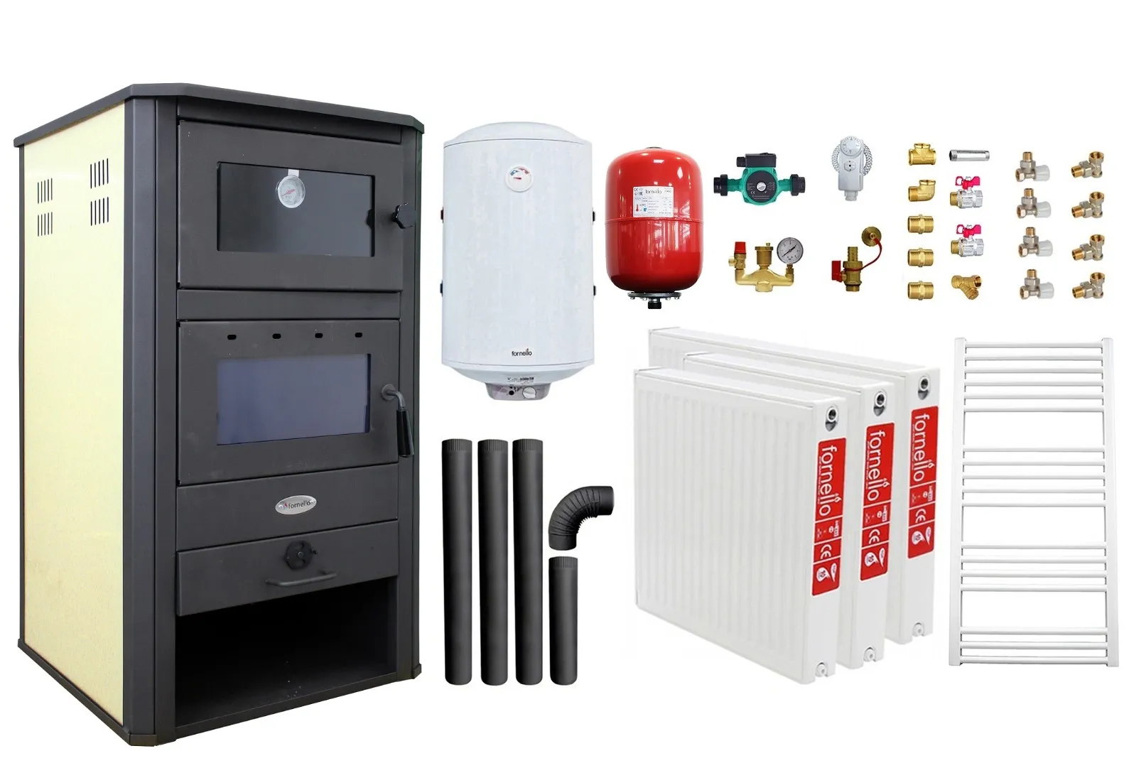 Pachet incalzire si apa calda pentru 2 camere Termosemineu pe lemne, brichete si carbune Fornello MILANO E, 24 KW, cuptor, Ivory, 580x560x1060 mm, boiler termoelectric 100l, vas expansiune, pompa circulatie, calorifere, kit evacuare si kit montaj