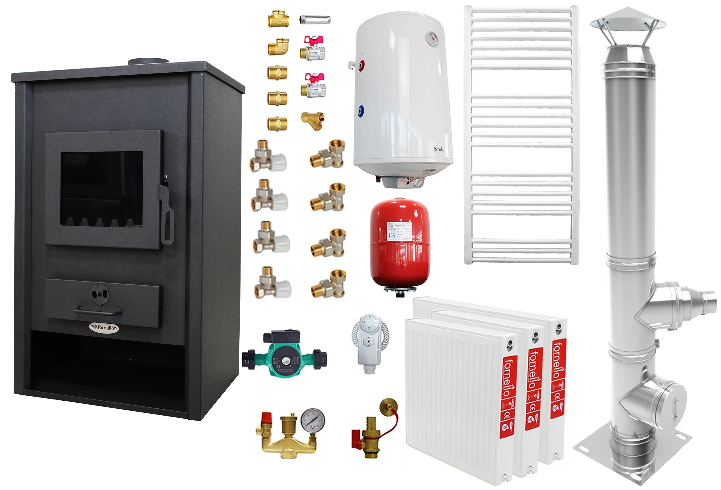 Pachet incalzire si apa calda pentru 2 camere Termosemineu pe lemne, brichete si carbune Fornello Padova E, 19.4 kW, 510x500x910 mm, cos inox, boiler termoelectric 80l, vas expansiune, pompa circulare, calorifere si kit montaj