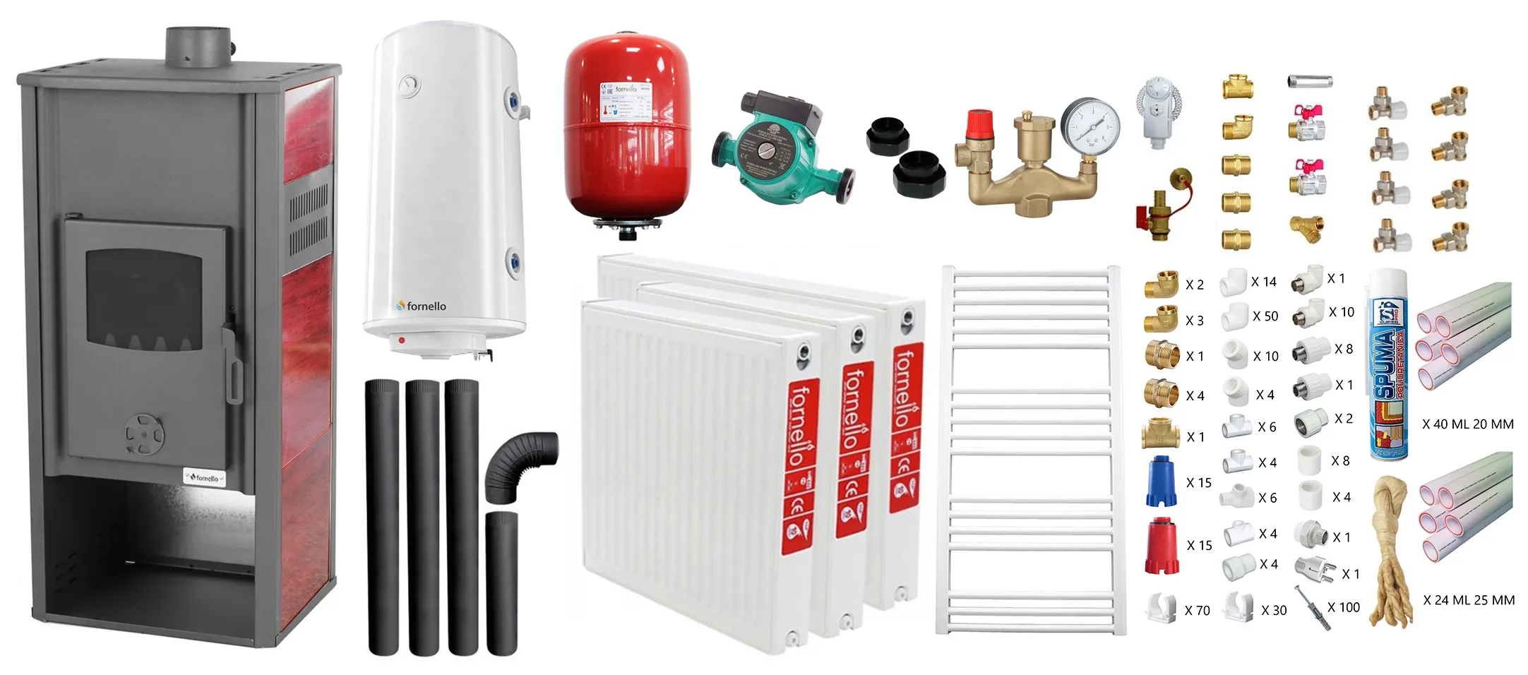 Pachet incalzire si apa calda pentru 2 camere Termosemineu pe lemne, brichete si carbune Fornello Roma E, 22 kW, 49x45x103 cm, teava PPR cu fitinguri, boiler termoelectric 100l, vas expansiune, pompa circulatie, kit evacuare, calorifere si kit montaj