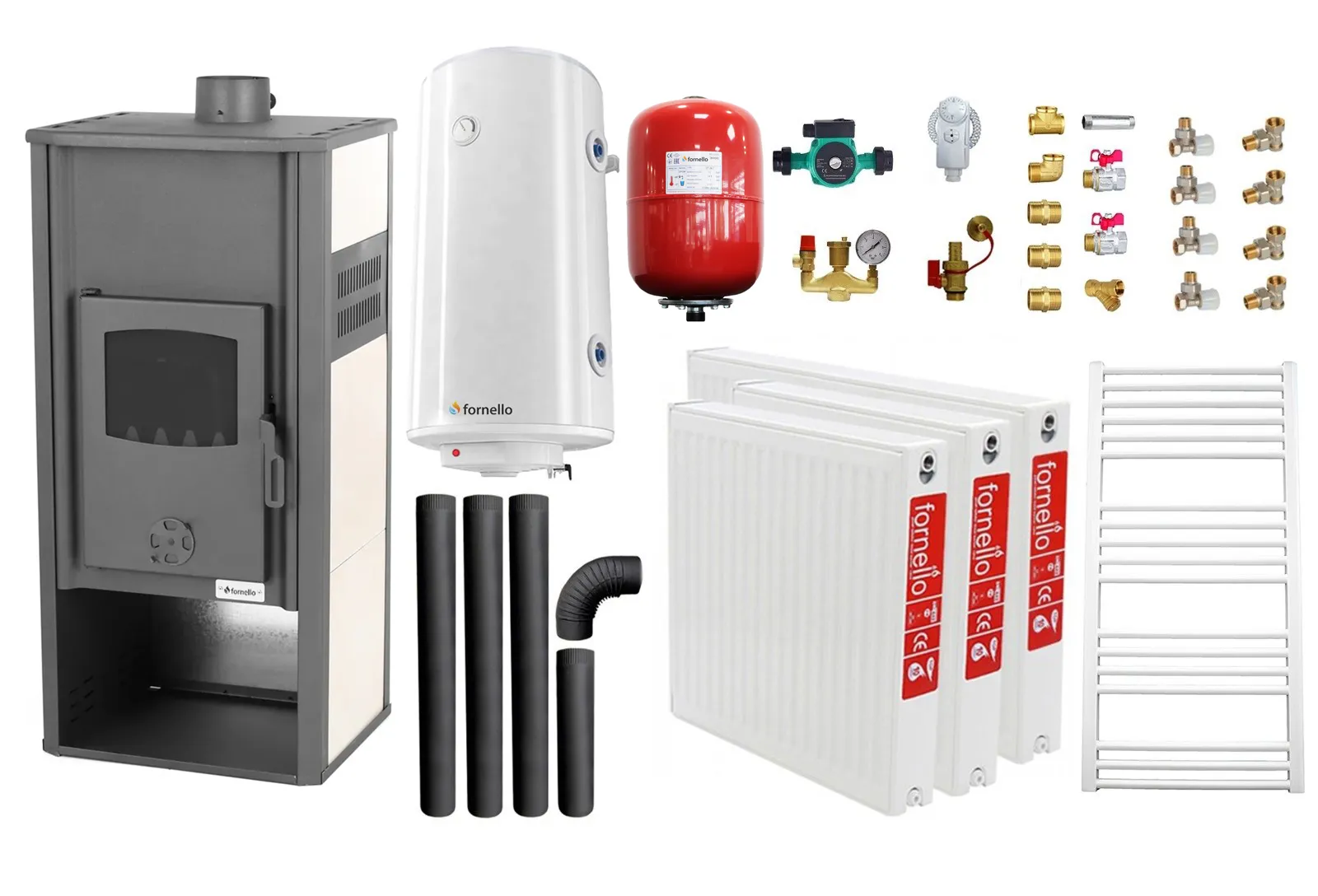 Pachet incalzire si apa calda pentru 2 camere Termosemineu pe lemne, brichete si carbune Fornello Roma E, Ivory, 22 kW, 49x45x103 cm, boiler termoelectric 100l, vas expansiune, pompa circulatie, kit evacuare, calorifere si kit montaj