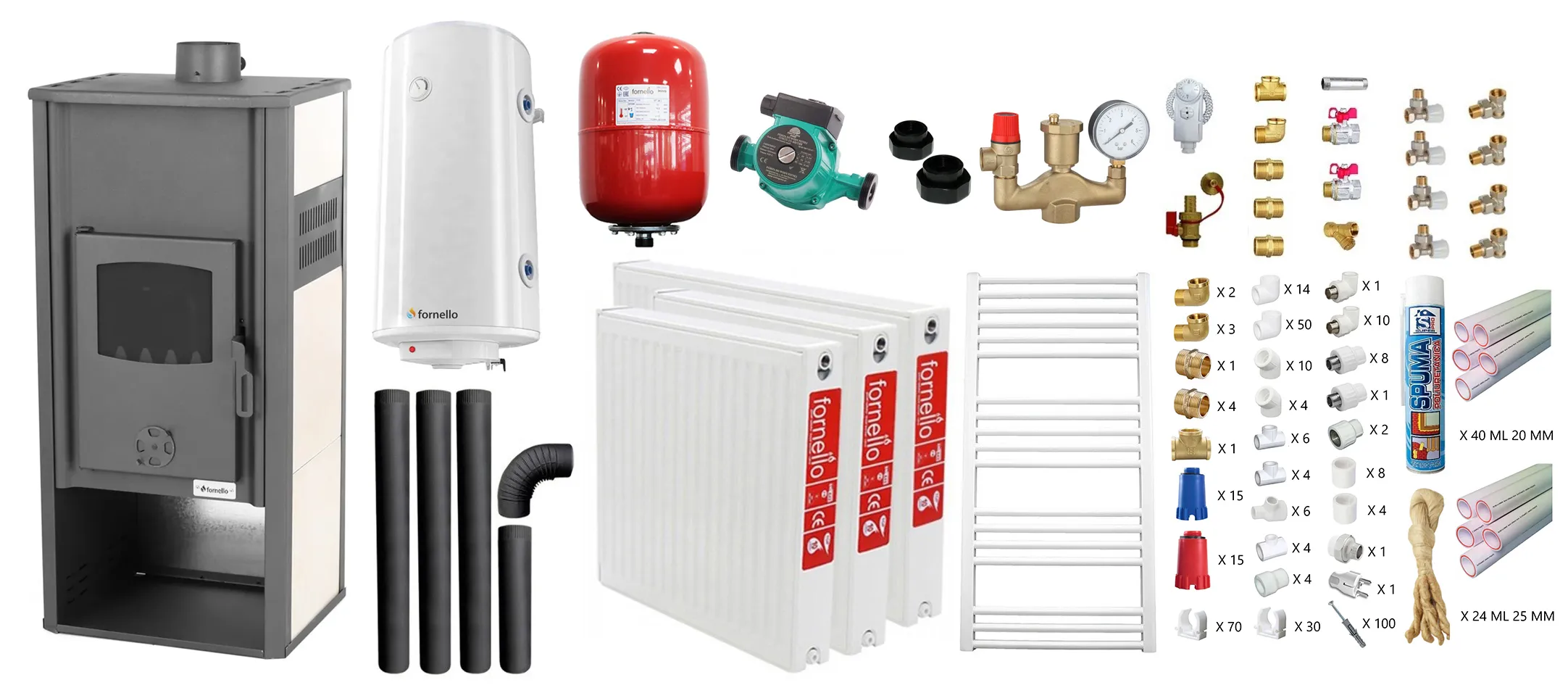 Pachet incalzire si apa calda pentru 2 camere Termosemineu pe lemne, brichete si carbune Fornello Roma E, Ivory, 22 kW, 49x45x103 cm, teava PPR si fitinguri, boiler termoelectric 100l, vas expansiune, pompa circulatie, kit evacuare, calorifere si kit