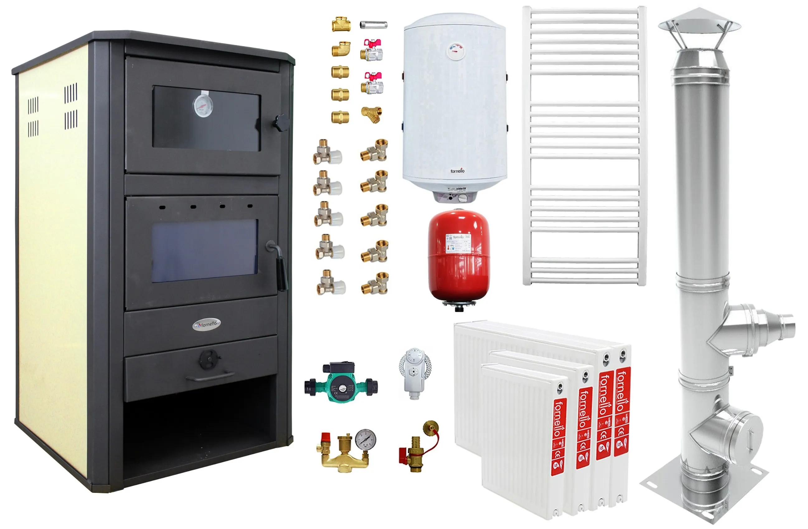 Pachet incalzire si apa calda pentru 3 camere Termosemineu pe lemne, brichete si carbune Fornello MILANO E, 24 KW, cuptor, Ivory, 580x560x1060 mm, cos inox, boiler termoelectric 100l, vas expansiune, pompa circulatie, calorifere si kit montaj