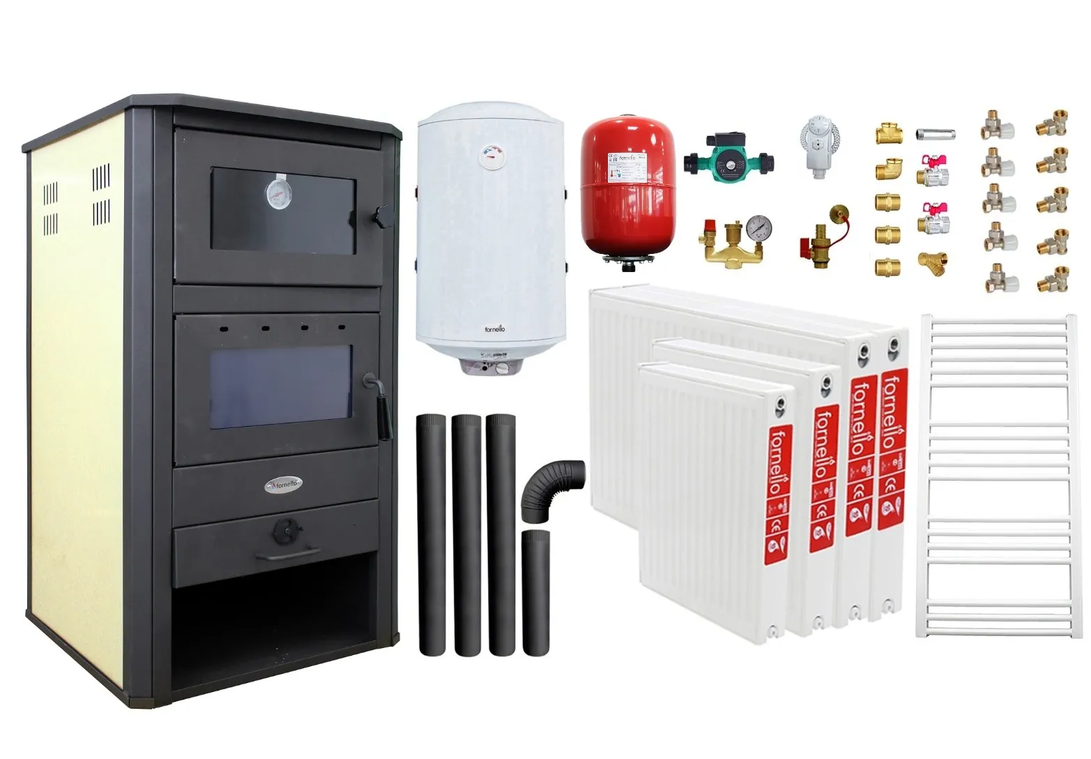 Pachet incalzire si apa calda pentru 3 camere Termosemineu pe lemne, brichete si carbune Fornello MILANO E, 24 KW, cuptor, Ivory, 580x560x1060 mm, boiler termoelectric 100l, vas expansiune, pompa circulatie, calorifere, kit evacuare si kit montaj