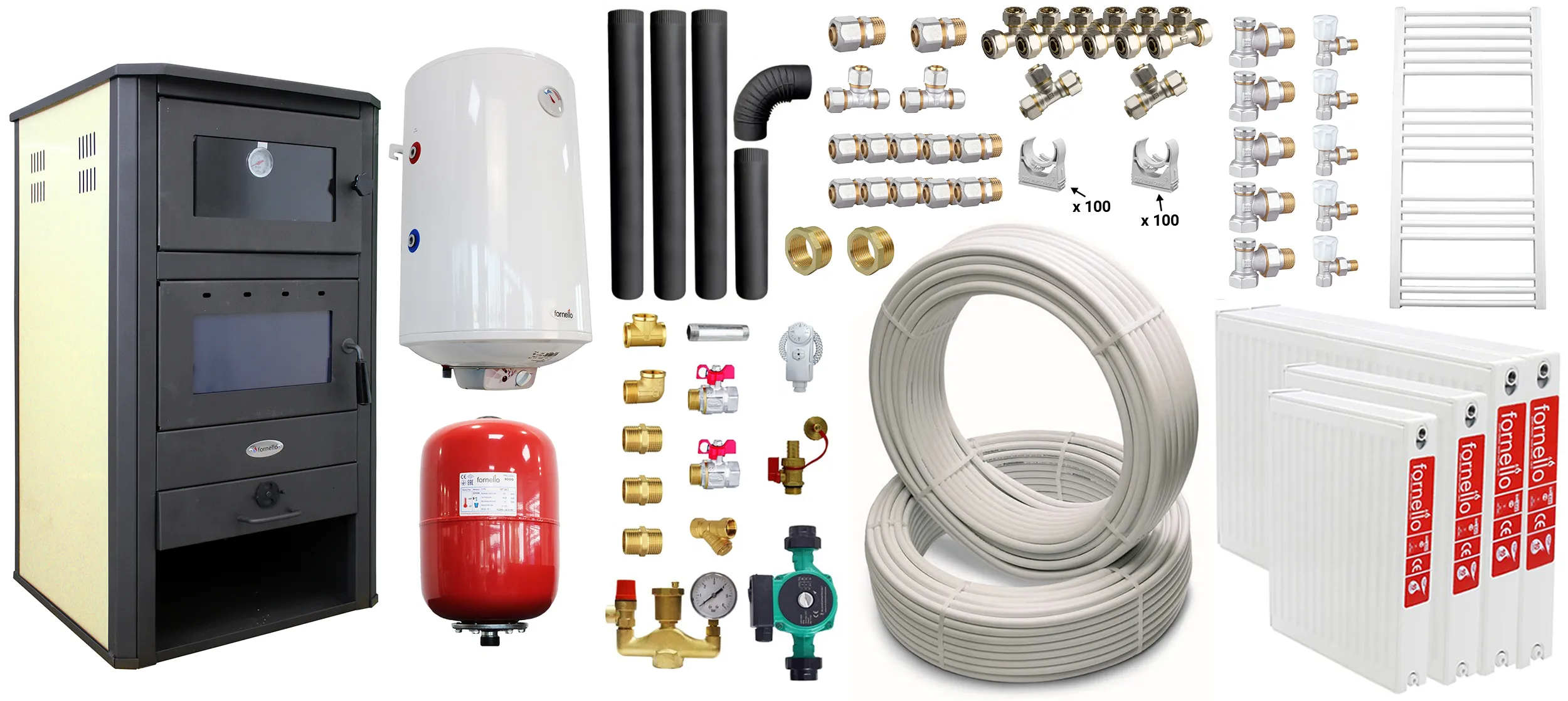 Pachet incalzire si apa calda pentru 3 camere Termosemineu pe lemne, brichete si carbune Fornello MILANO E, 24 KW, cuptor, Ivory, 580x560x1060 mm, boiler termoelectric 100l, teava, vas expansiune, pompa circulatie, calorifere, kit evacuare si fitingu