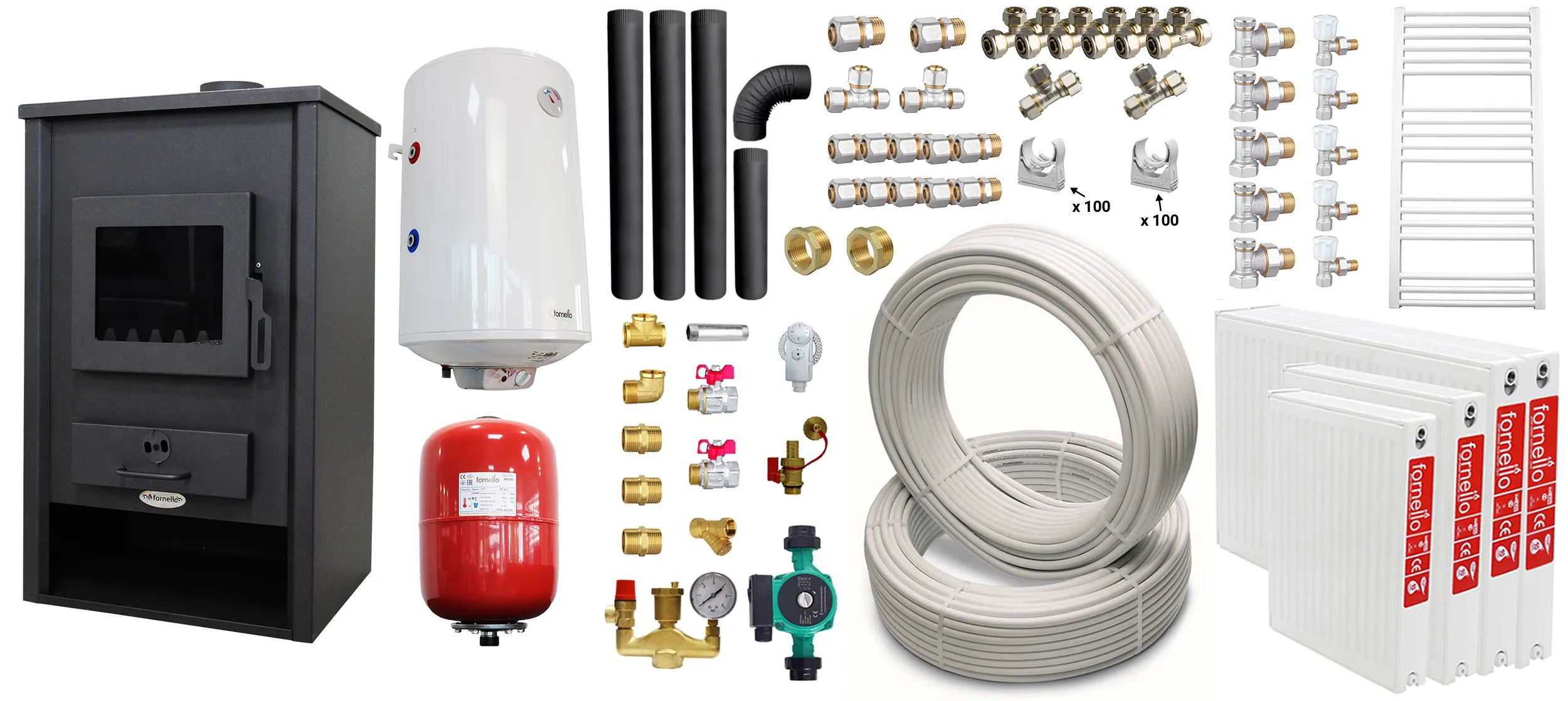 Pachet incalzire si apa calda pentru 3 camere Termosemineu pe lemne, brichete si carbune Fornello PADOVA E, 19.4 kW, 510x500x910 mm, boiler termoelectric 80l, teava, vas expansiune, pompa circulare, calorifere, kit evacuare si fitinguri