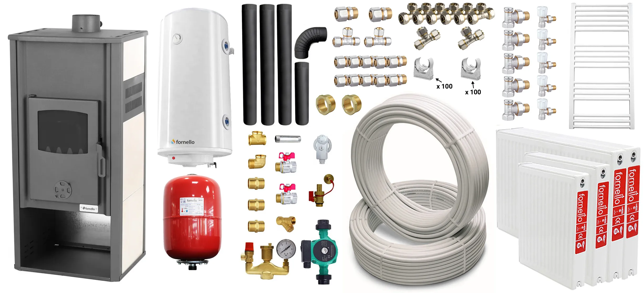 Pachet incalzire si apa calda pentru 3 camere Termosemineu pe lemne, brichete si carbune Fornello Roma E, Ivory, 22 kW, 49x45x103 cm, teava, boiler termoelectric 100l, vas expansiune, pompa circulatie, kit evacuare, calorifere si fitingu
