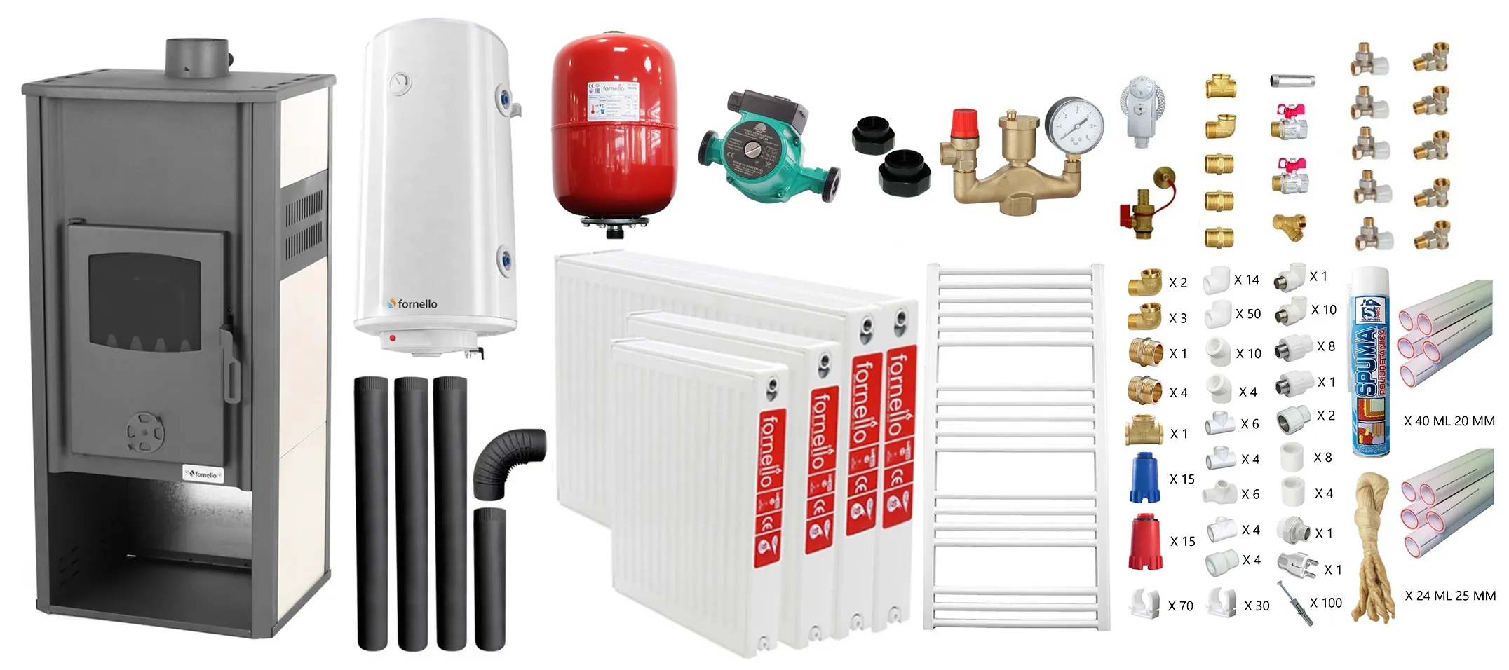 Pachet incalzire si apa calda pentru 3 camere Termosemineu pe lemne, brichete si carbune Fornello Roma E, Ivory, 22 kW, 49x45x103 cm, teava PPR si fitinguri, boiler termoelectric 100l, vas expansiune, pompa circulatie, kit evacuare, calorifere si kit