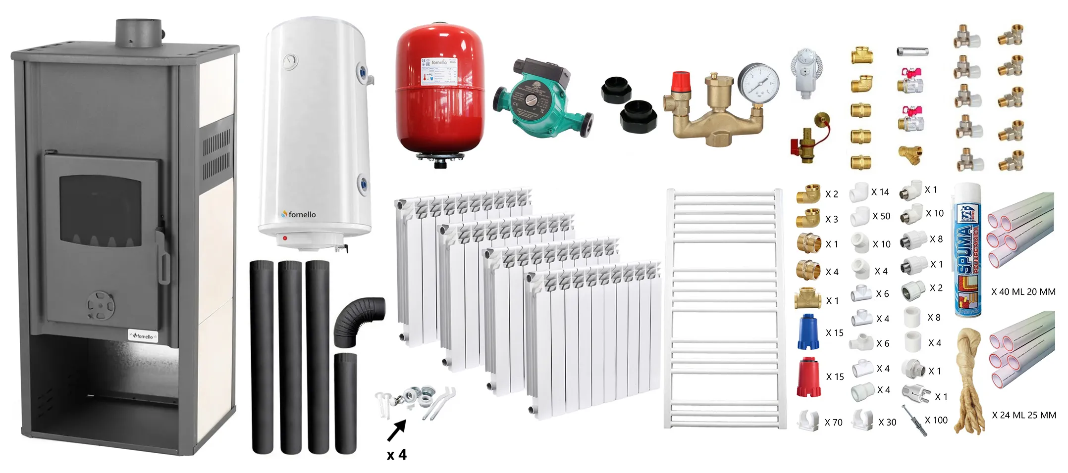 Pachet incalzire si apa calda Termosemineu pe lemne, brichete si carbune Fornello Roma E, Ivory, 22 kW, calorifere aluminiu Fornello Alvo, teava PPR si fitinguri, boiler termoelectric 100l, vas expansiune, pompa circulatie, kit evacuare kit montaj