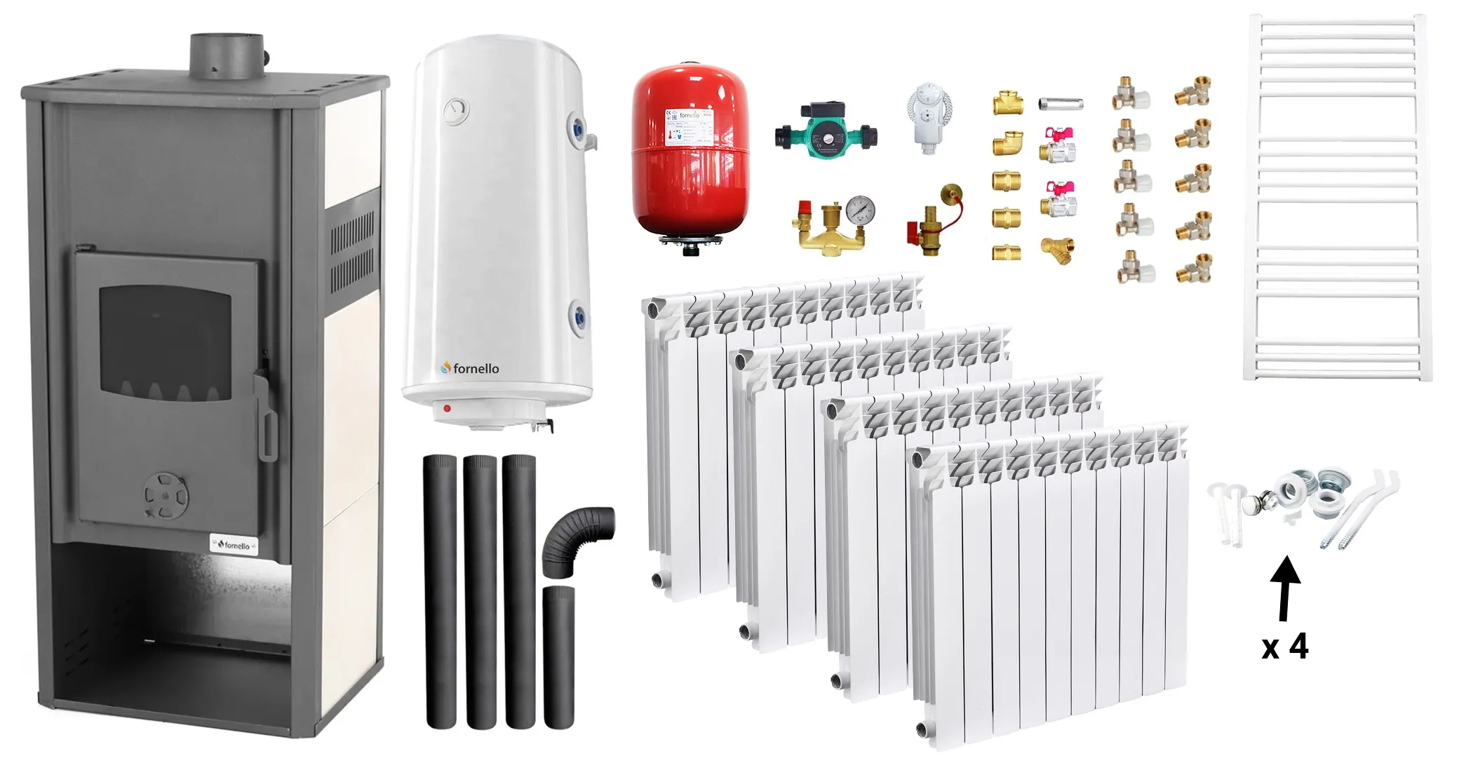 Pachet incalzire si apa calda Termosemineu pe lemne, brichete si carbune Fornello Roma E, Ivory, 22 kW, calorifere aluminiu Fornello Alvo, boiler termoelectric 100l, vas expansiune, pompa circulatie, kit evacuare kit montaj