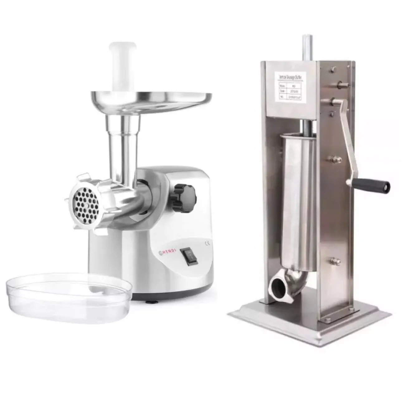 Pachet Masina de tocat carne, 400W, 100-300 Kg/h, HENDI 198 + Aparat Umplut Carnati Inox, Profesional, Profi Line, 5 Kg, 2 Viteze de Umplere, 4 Palnii Inox