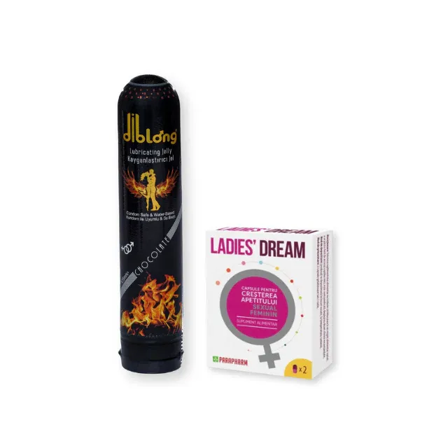Pachet pentru cupluri: Capsule afrodisiace LADIES DREAM, 2 buc + Lubrifiant pe bază de apă DIBLONG Lubricating Jelly, 125 ml