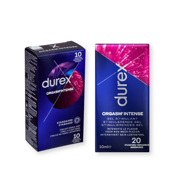 Pachet pentru cupluri: Gel intim Durex Orgasm Intense, 10 ml + Prezervative cu striații Durex Intense, 56 mm, 10 buc