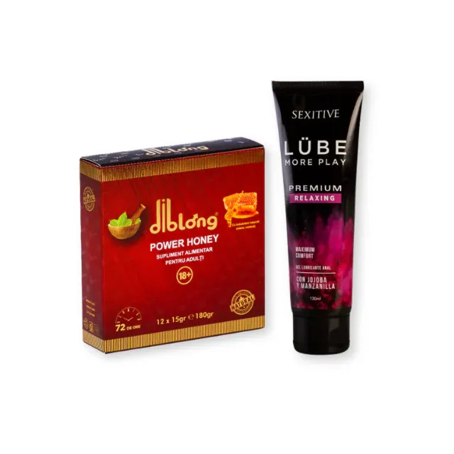 Pachet pentru cupluri: Supliment alimentar cu miere DIBLONG Honey, 12 plicuri x 15 g + Lubrifiant anal SEXITIVE Lube Premium Relaxing, 130 ml
