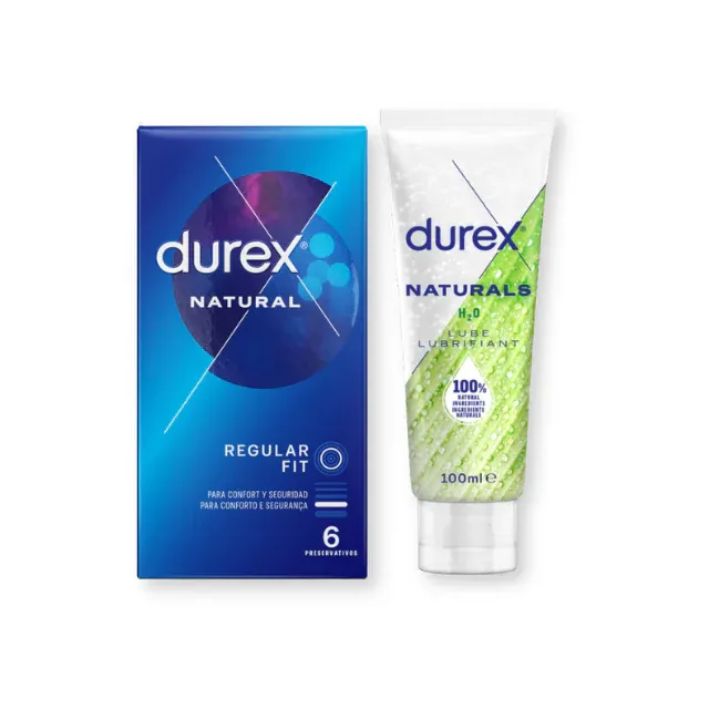 Pachet pentru cupluri: Prezervative Durex Natural, 56 mm, 6 buc + Lubrifiant pe bază de apă Durex Natural Original, 100 ml