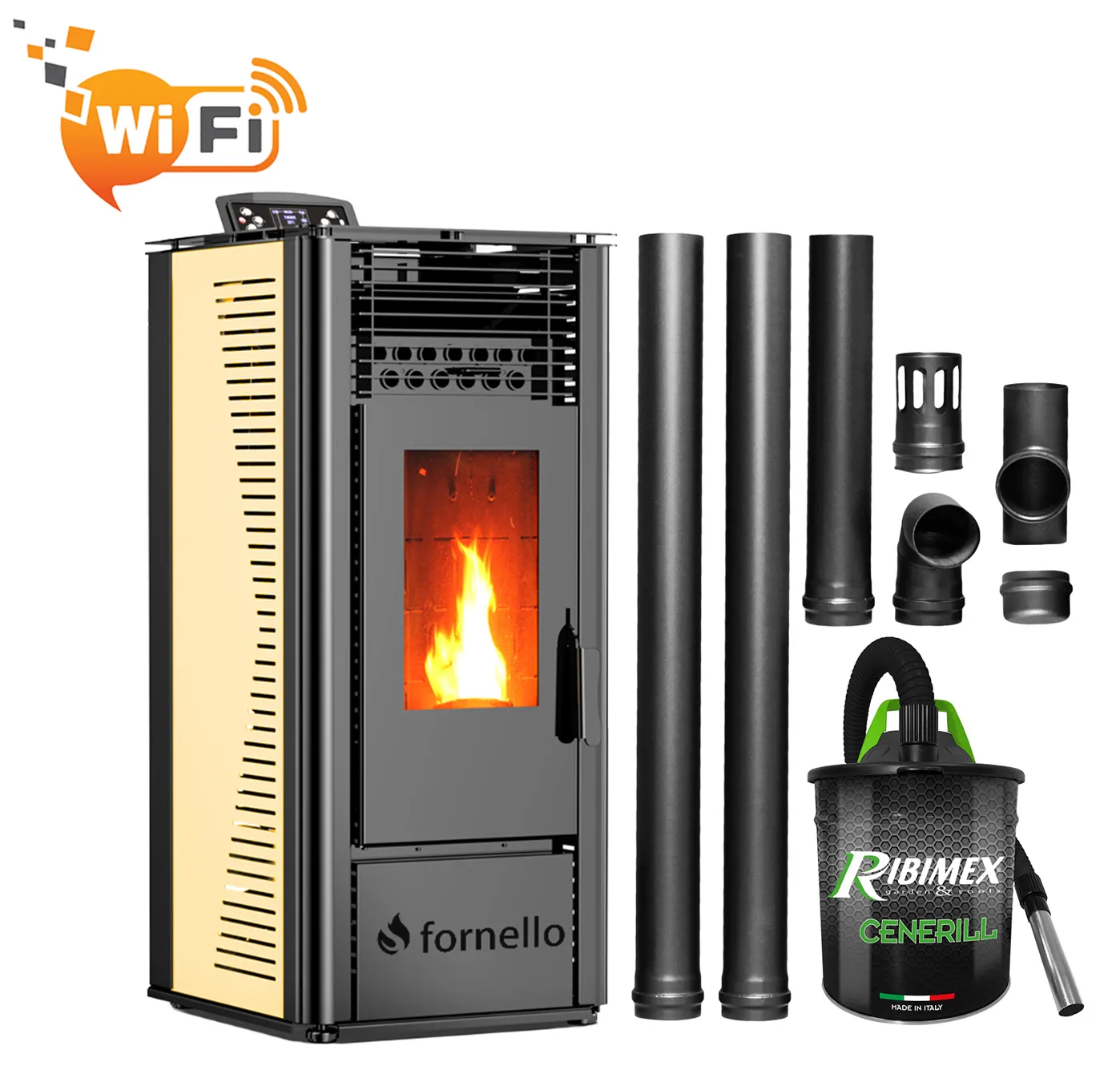 Pachet pentru incalzire format din Semineu (soba) pe peleti cu tiraj fortat Fornello SOPHIA WI-FI 11 kw, aspirator, kit de evacuare 2,5 metri, telecomanda, Wi-fi, culoare Ivory
