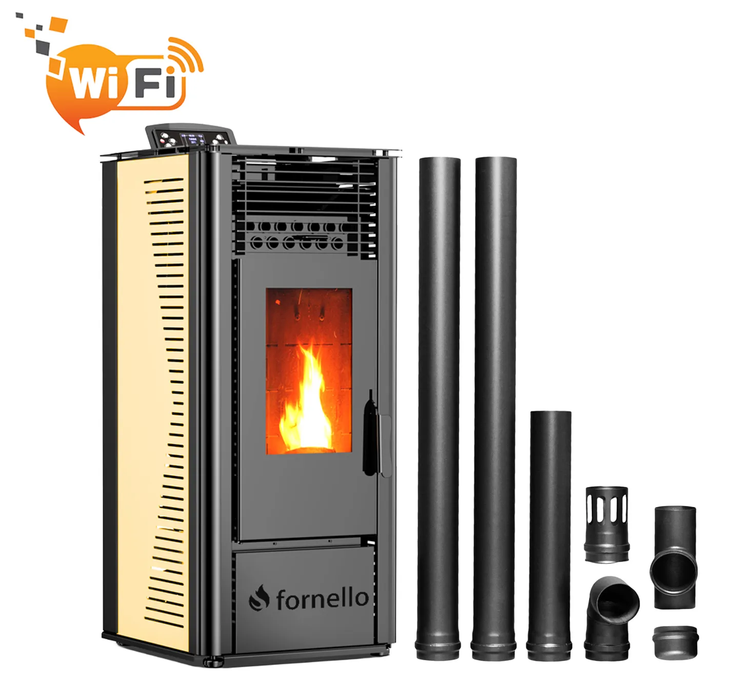 Pachet pentru incalzire format din Semineu (soba) pe peleti cu tiraj fortat Fornello SOPHIA WI-FI 11 kw, kit de evacuare 2,5 metri, telecomanda, Wi-fi, culoare Ivory