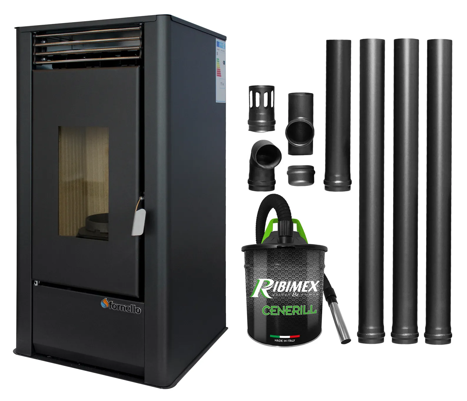 Pachet pentru incalzire Semineu (Soba) pe Peleti cu aer cald Fornello Air SmartPell 11 KW, culoare Black, aspirator de cenusa si kit de evacuare 3,5 metri
