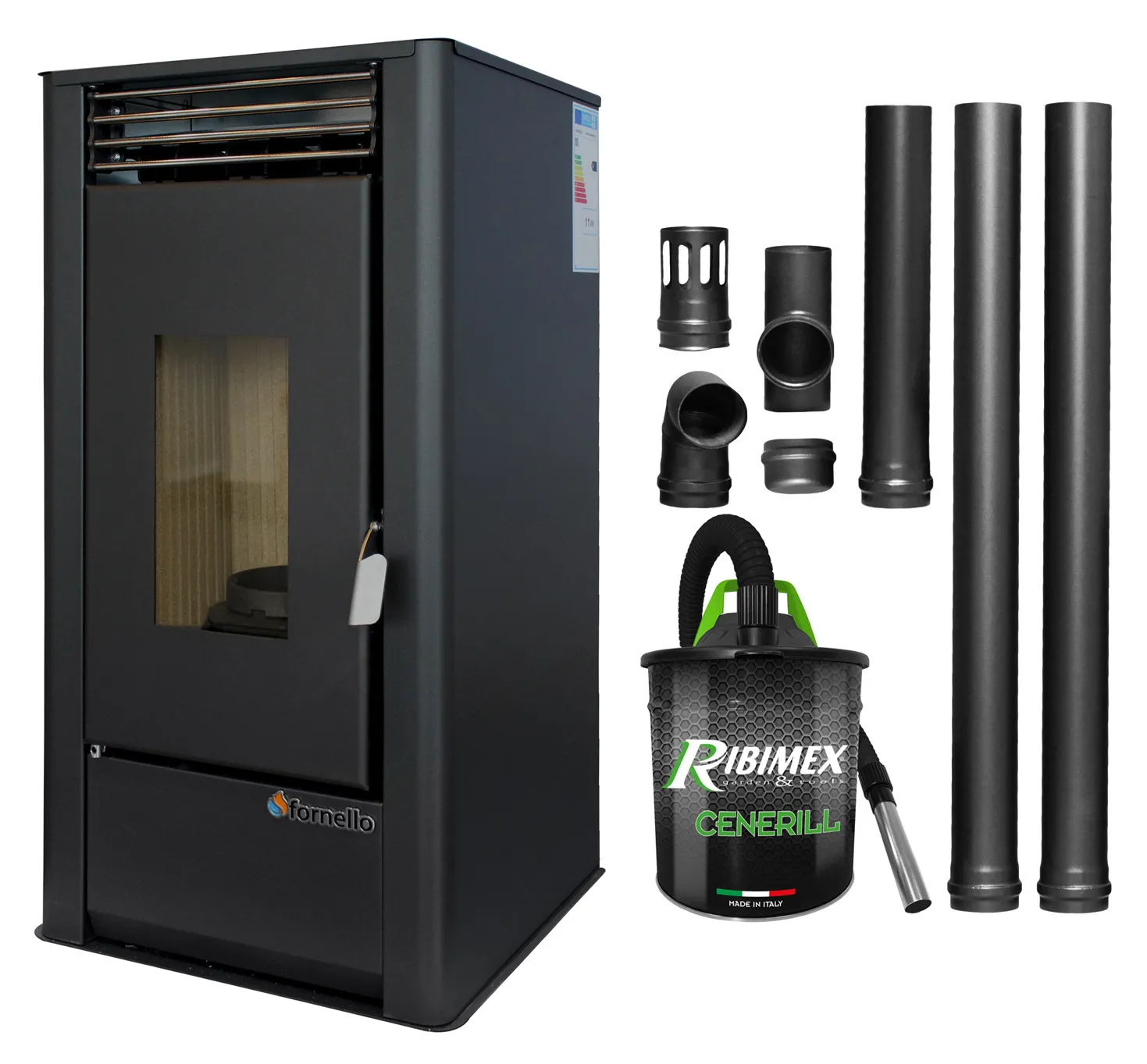 Pachet pentru incalzire Semineu (Soba) pe Peleti cu aer cald Fornello Air SmartPell 11 KW, culoare Black, aspirator de cenusa si kit de evacuare 2,5 metri