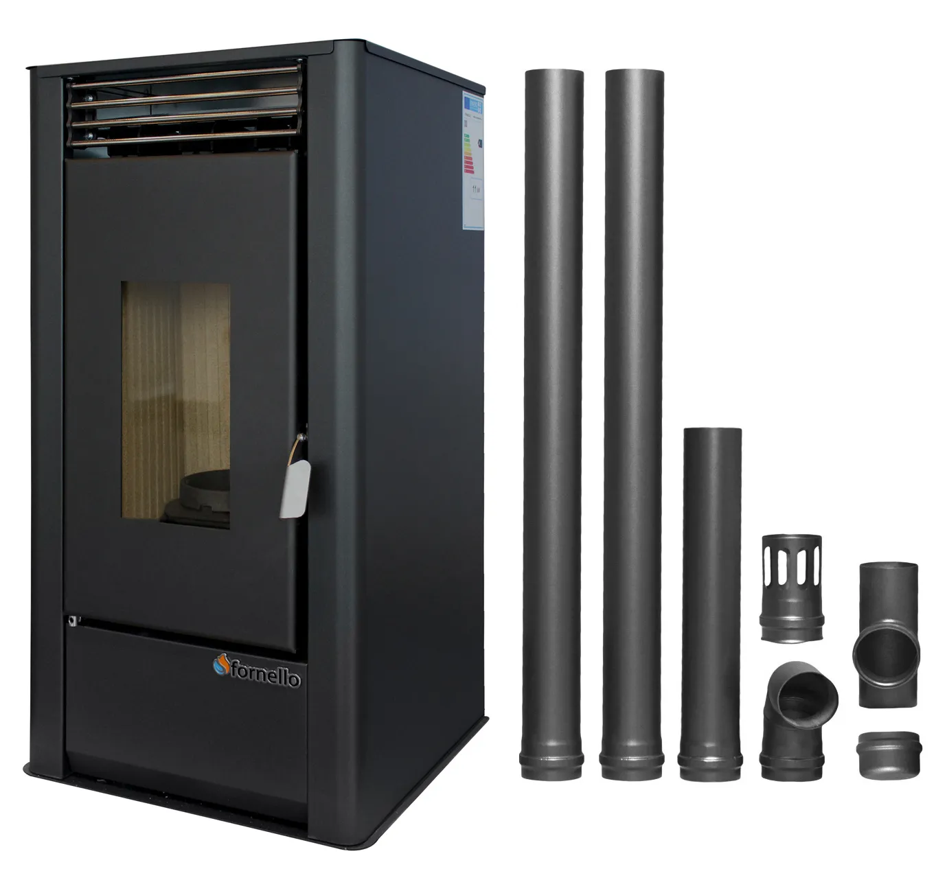 Pachet pentru incalzire Semineu (Soba) pe Peleti cu aer cald Fornello Air SmartPell 11 KW, culoare Black si kit evacuare 2,5 metri