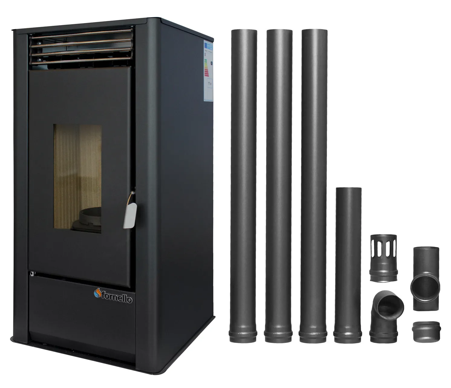 Pachet pentru incalzire Semineu (Soba) pe Peleti cu aer cald Fornello Air SmartPell 11 KW, culoare Black si kit evacuare 3,5 metri