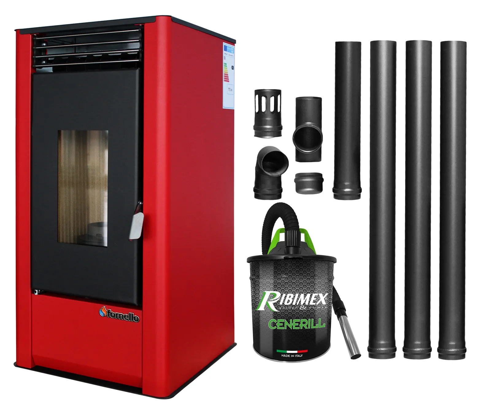 Pachet pentru incalzire Semineu (Soba) pe Peleti cu aer cald Fornello Air SmartPell 11 KW, culoare Bordeaux, aspirator de cenusa si kit de evacuare 3,5 metri