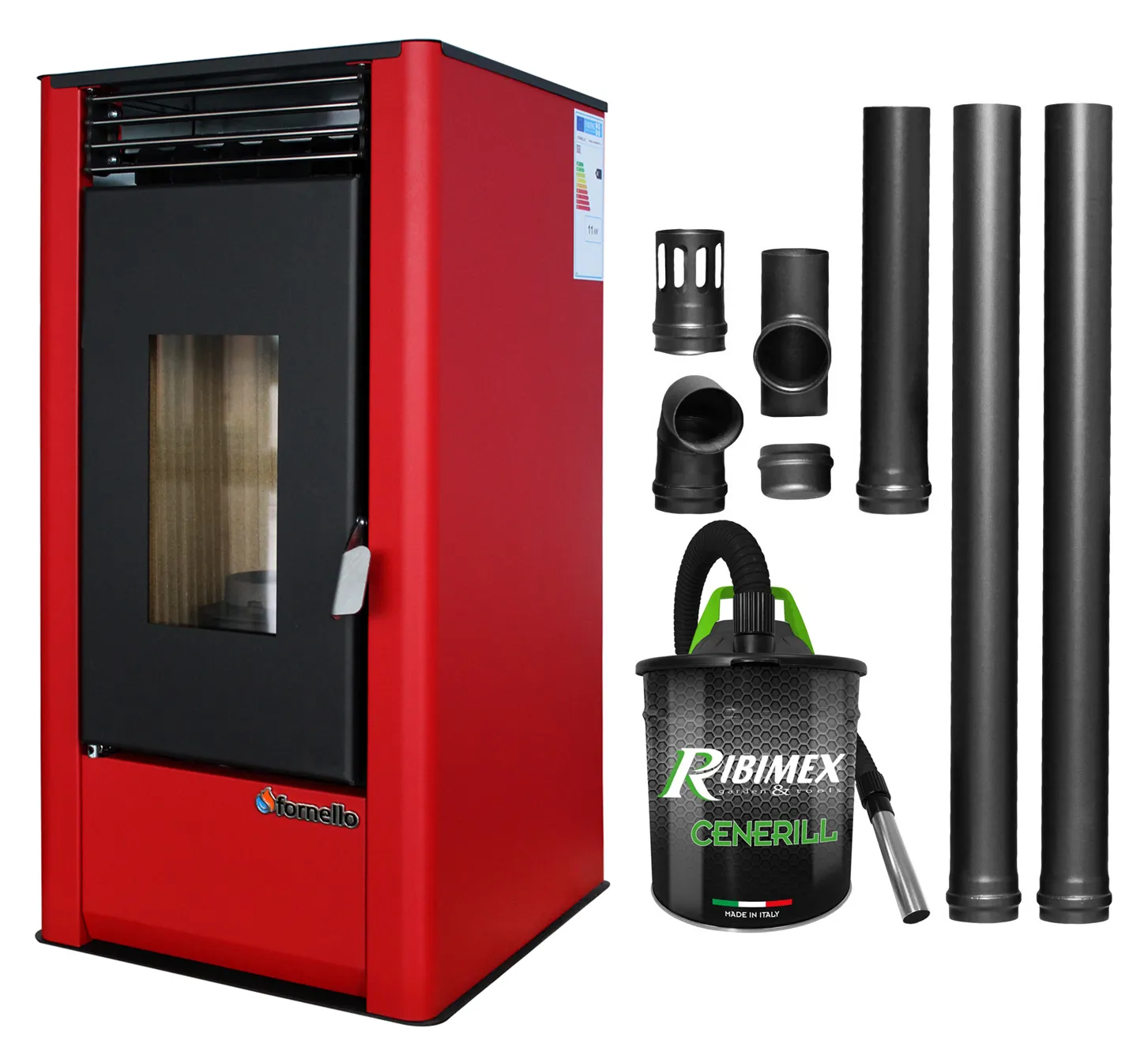 Pachet pentru incalzire Semineu (Soba) pe Peleti cu aer cald Fornello Air SmartPell 11 KW, culoare Bordeaux, aspirator de cenusa si kit de evacuare 2,5 metri