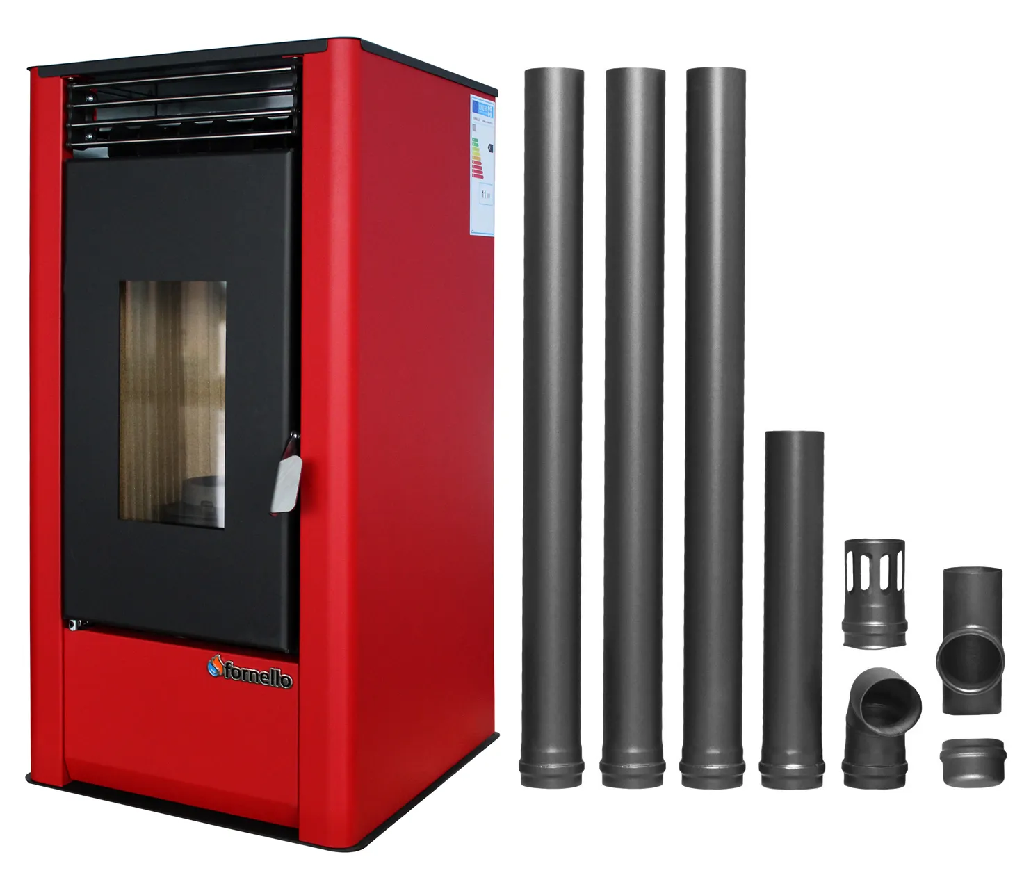 Pachet pentru incalzire Semineu (Soba) pe Peleti cu aer cald Fornello Air SmartPell 11 KW, culoare Bordeaux si kit evacuare 3,5 metri