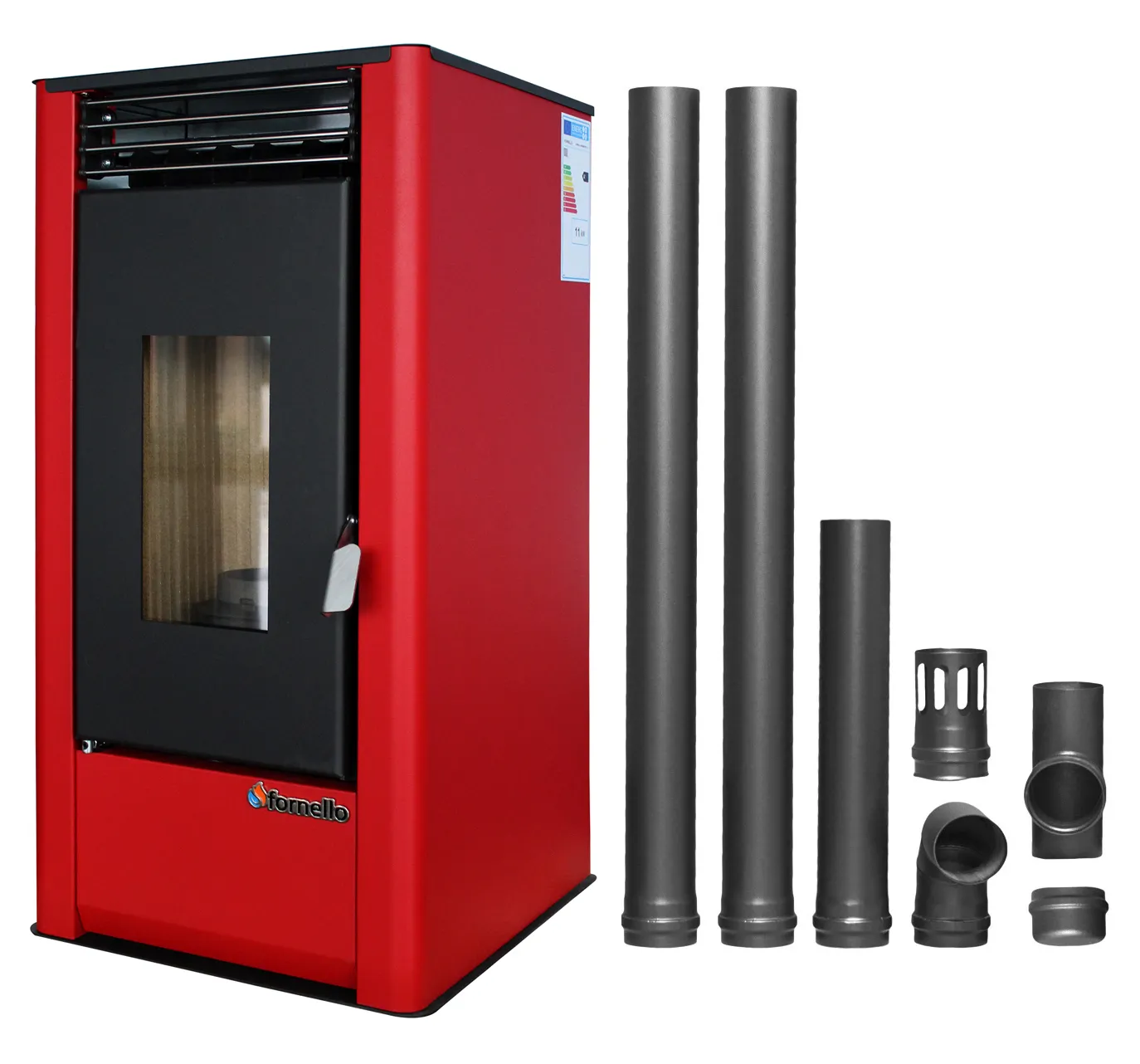 Pachet pentru incalzire Semineu (Soba) pe Peleti cu aer cald Fornello Air SmartPell 11 KW, culoare Bordeaux si kit evacuare 2,5 metri
