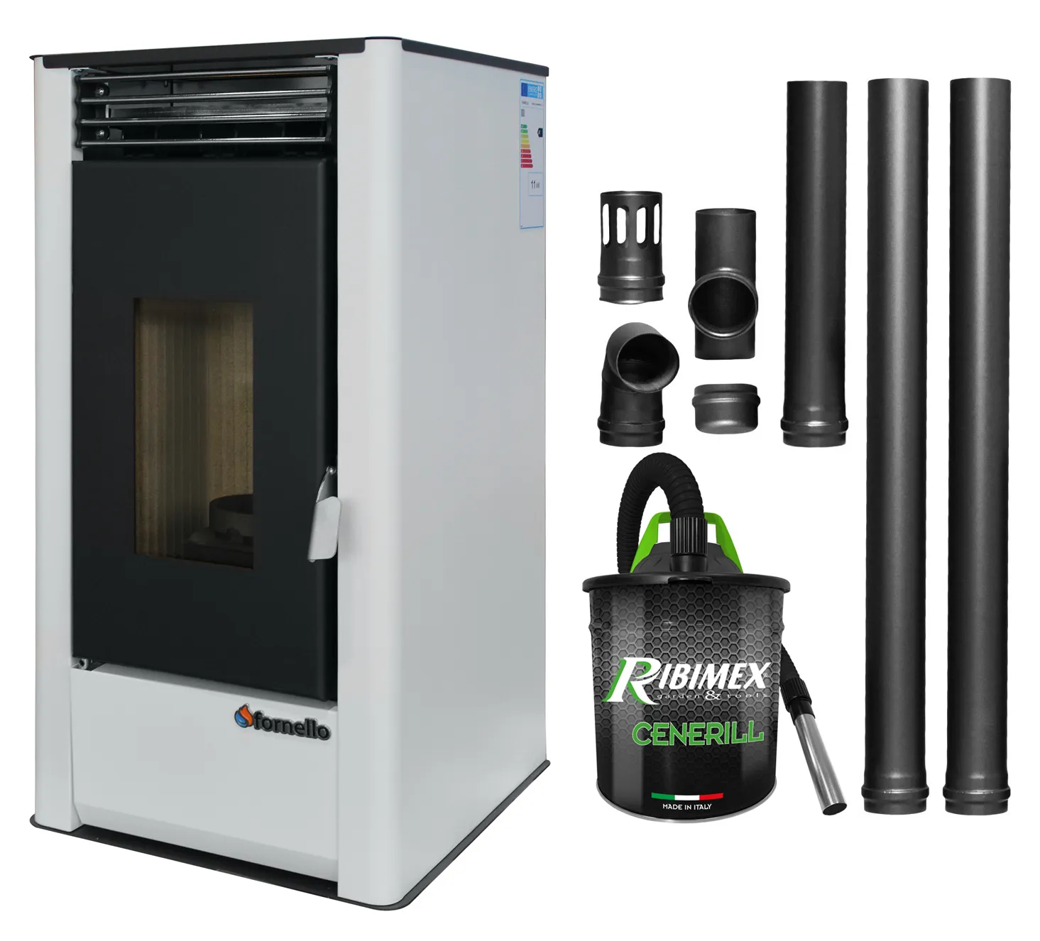 Pachet pentru incalzire Semineu (Soba) pe Peleti cu aer cald Fornello Air SmartPell 11 KW, culoare White, aspirator de cenusa si kit de evacuare 2,5 metri