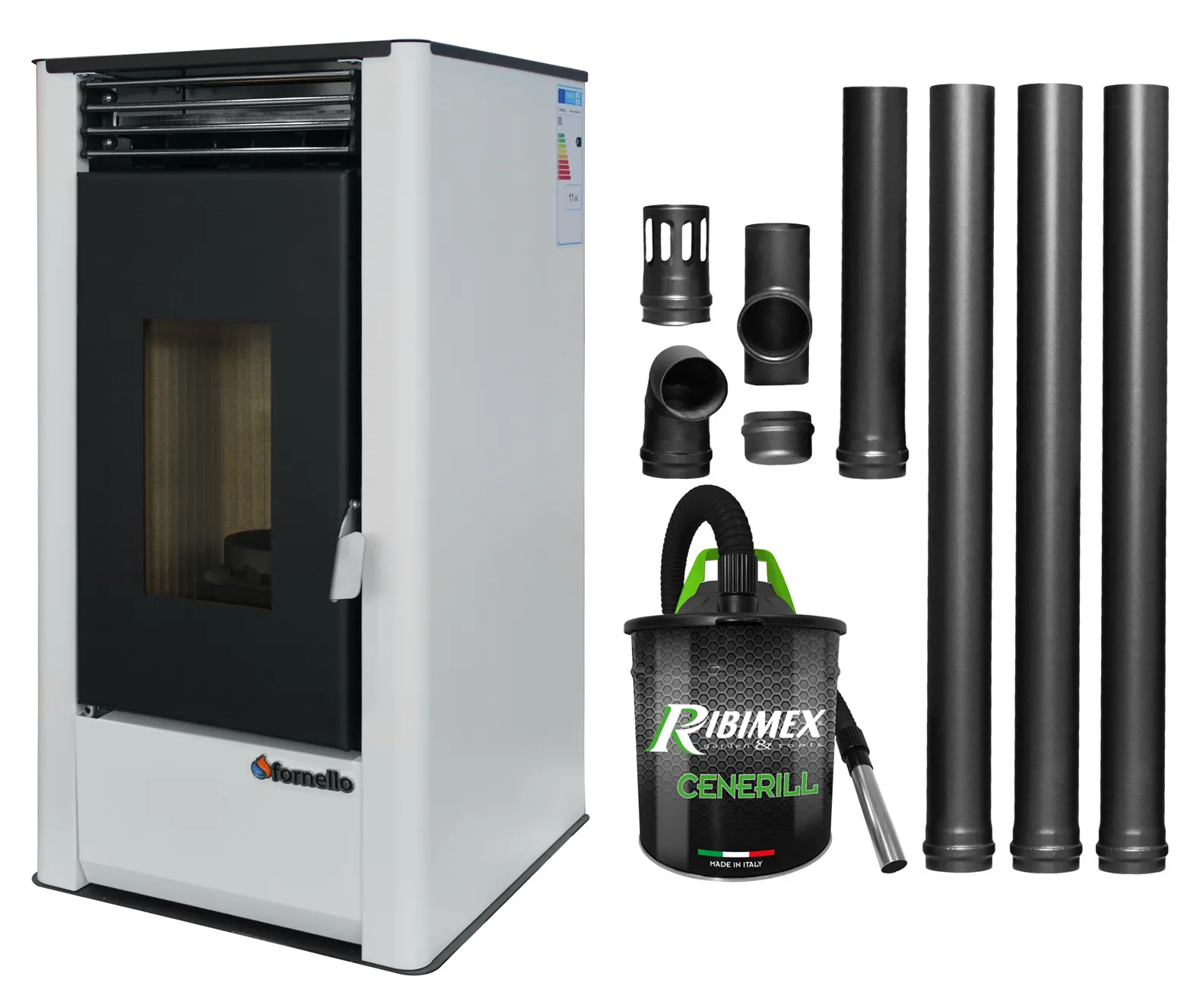 Pachet pentru incalzire Semineu (Soba) pe Peleti cu aer cald Fornello Air SmartPell 11 KW, culoare White, aspirator de cenusa si kit de evacuare 3,5 metri
