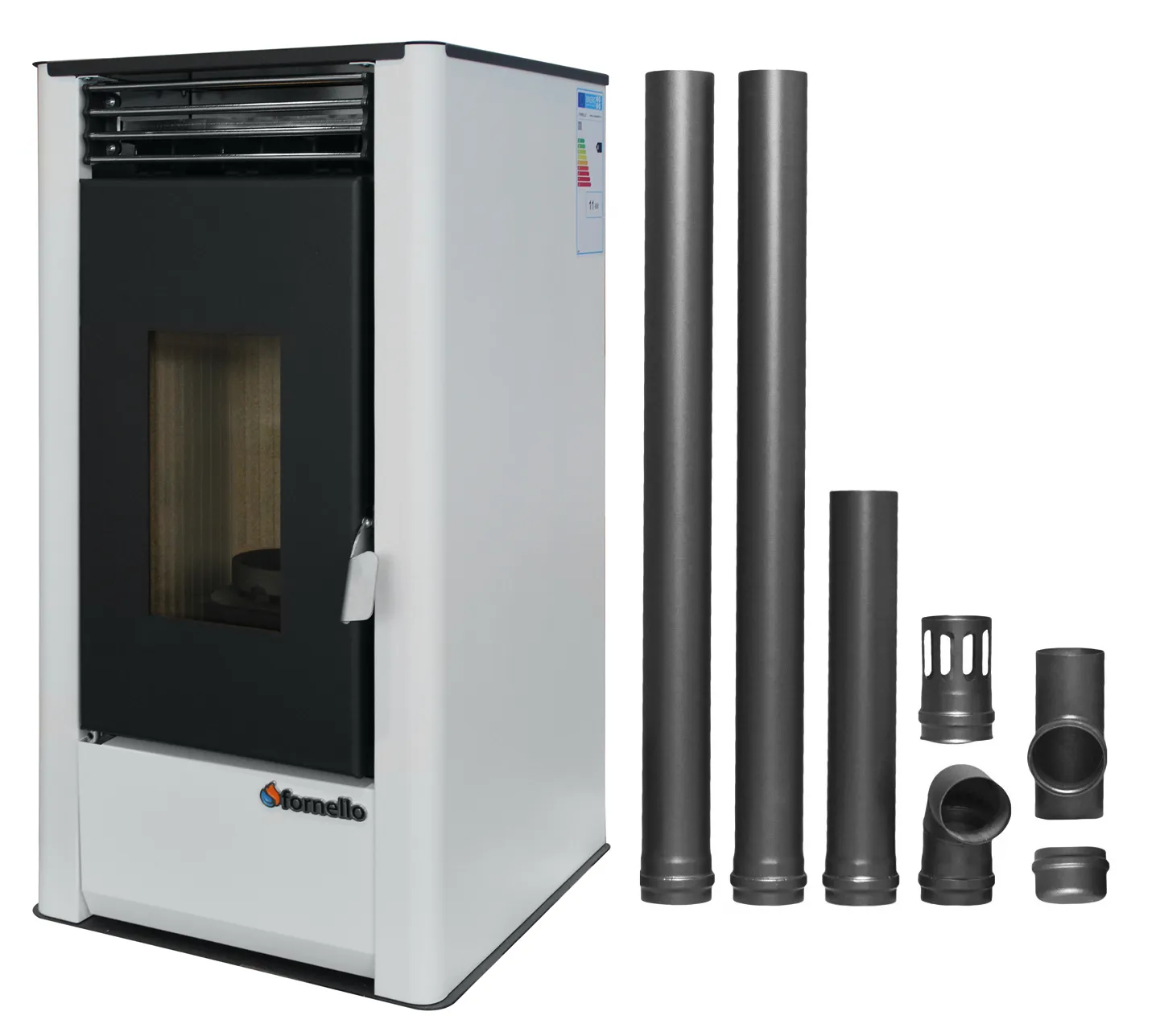 Pachet pentru incalzire Semineu (Soba) pe Peleti cu aer cald Fornello Air SmartPell 11 KW, culoare White si kit evacuare 2,5 metri