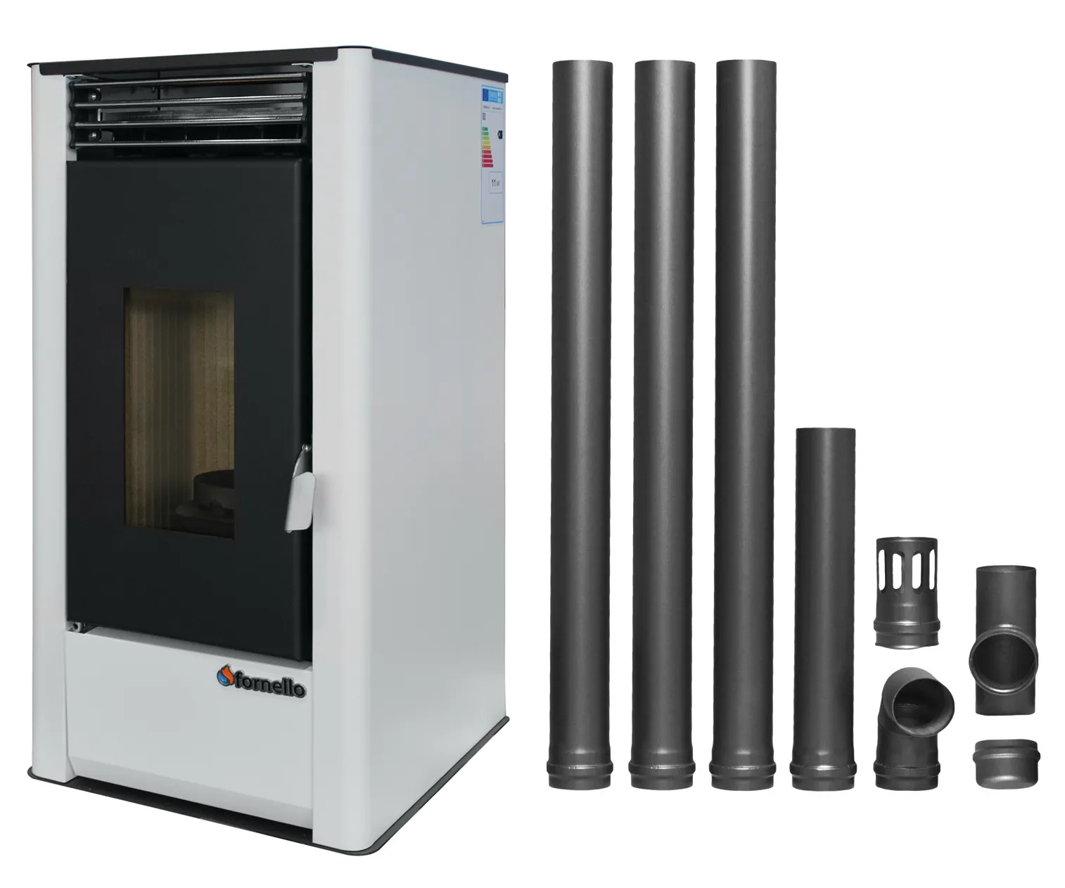 Pachet pentru incalzire Semineu (Soba) pe Peleti cu aer cald Fornello Air SmartPell 11 KW, culoare White si kit evacuare 3,5 metri