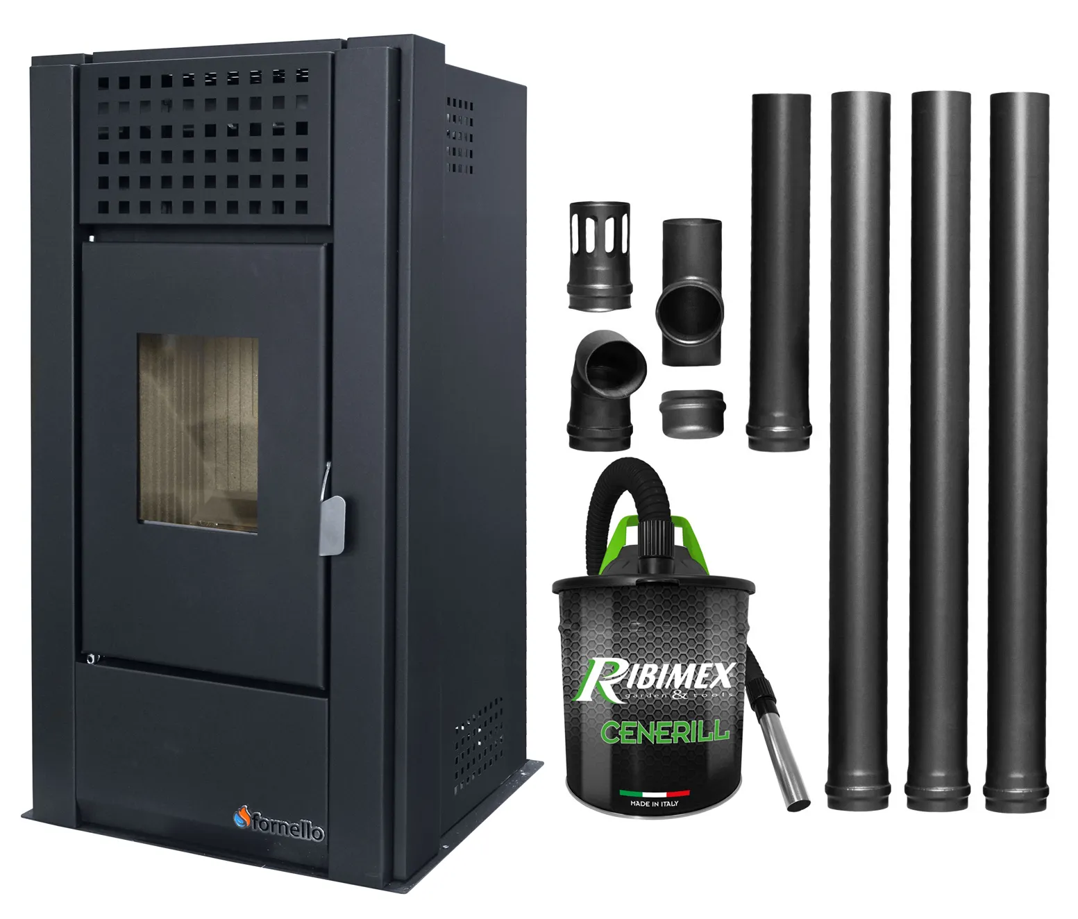 Pachet pentru incalzire Semineu (Soba) pe Peleti cu aer cald Fornello Magnesia 9 KW, culoare Black, aspirator de cenusa si kit de evacuare 3,5 metri