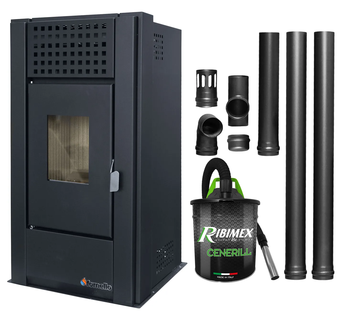 Pachet pentru incalzire Semineu (Soba) pe Peleti cu aer cald Fornello Magnesia 9 KW, culoare Black, aspirator de cenusa si kit de evacuare 2,5 metri