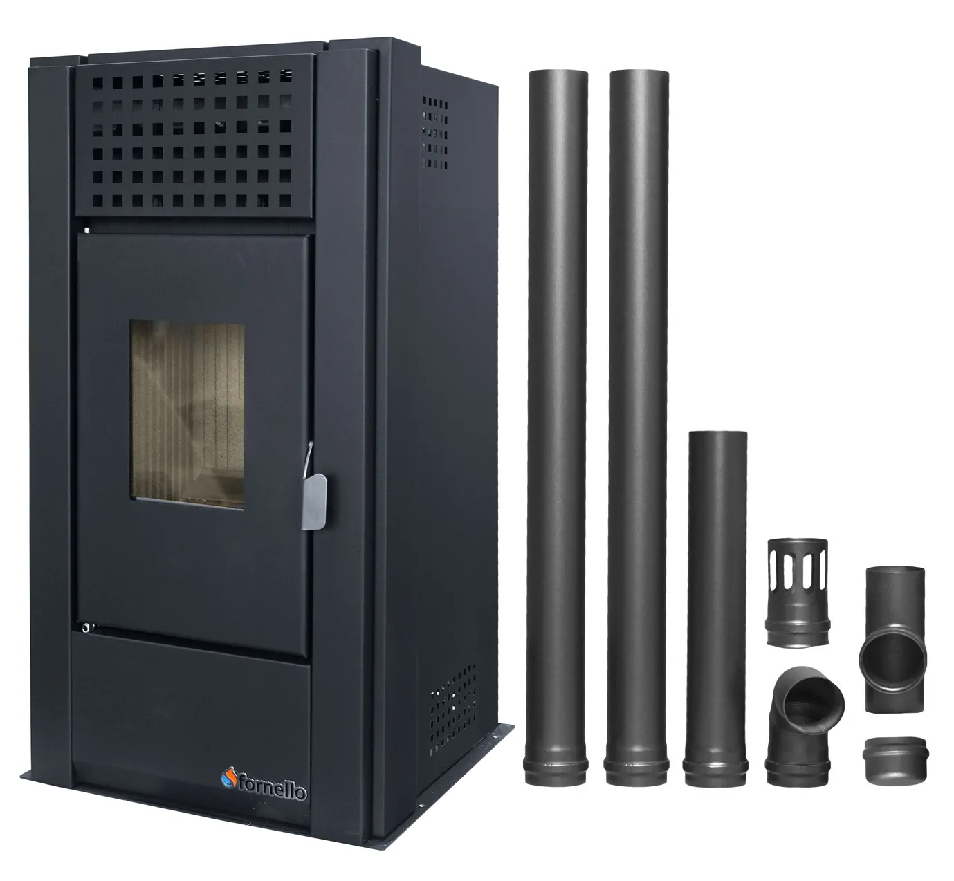 Pachet pentru incalzire Semineu (Soba) pe Peleti cu aer cald Fornello Magnesia 9 KW, culoare Black si kit evacuare 2,5 metri