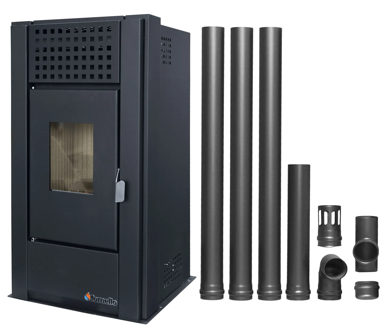 Pachet pentru incalzire Semineu (Soba) pe Peleti cu aer cald Fornello Magnesia 9 KW, culoare Black si kit evacuare 3,5 metri